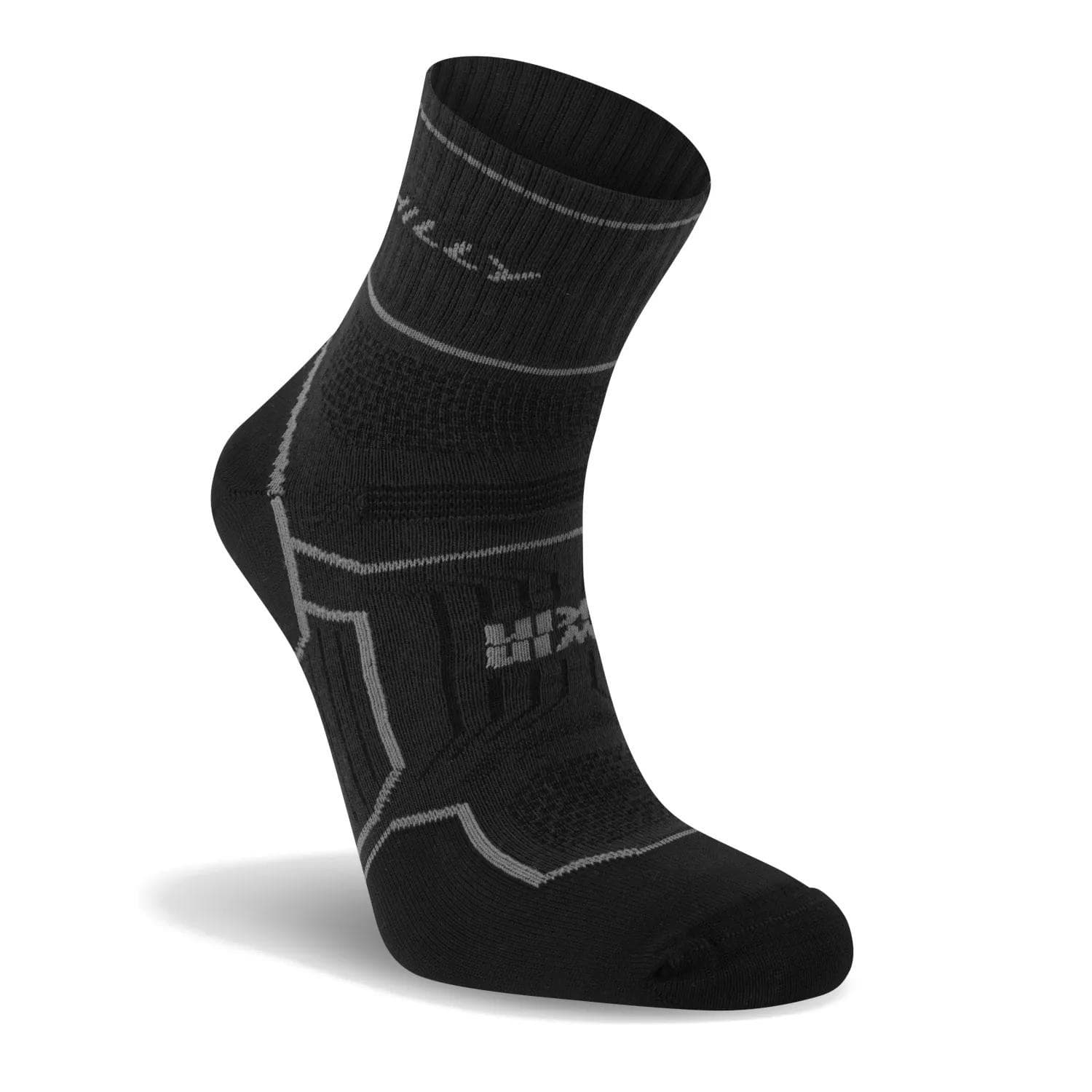 Black anklet sock with a medium height, featuring a textured design, reinforced toe, and Hilly branding in gray.
