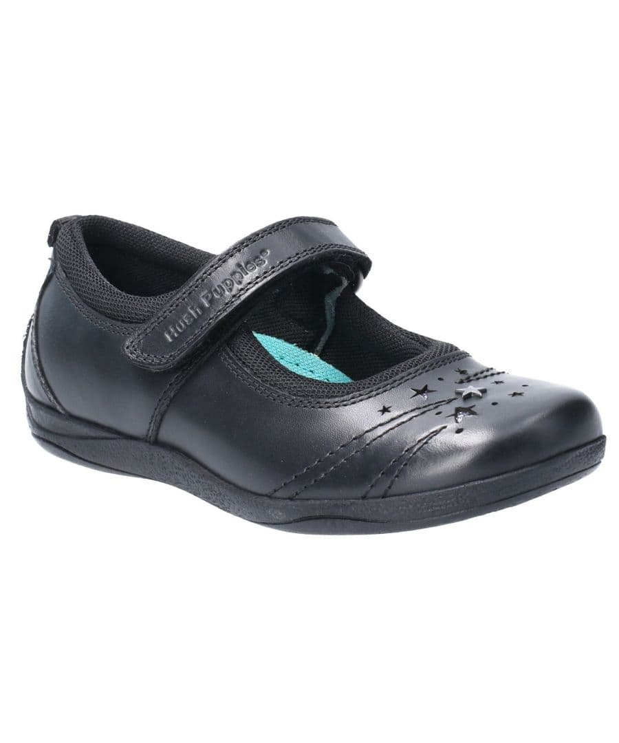 Black leather junior school shoe with a Velcro strap, featuring a star design on the toe and a cushioned insole, size 1 infant (UK).