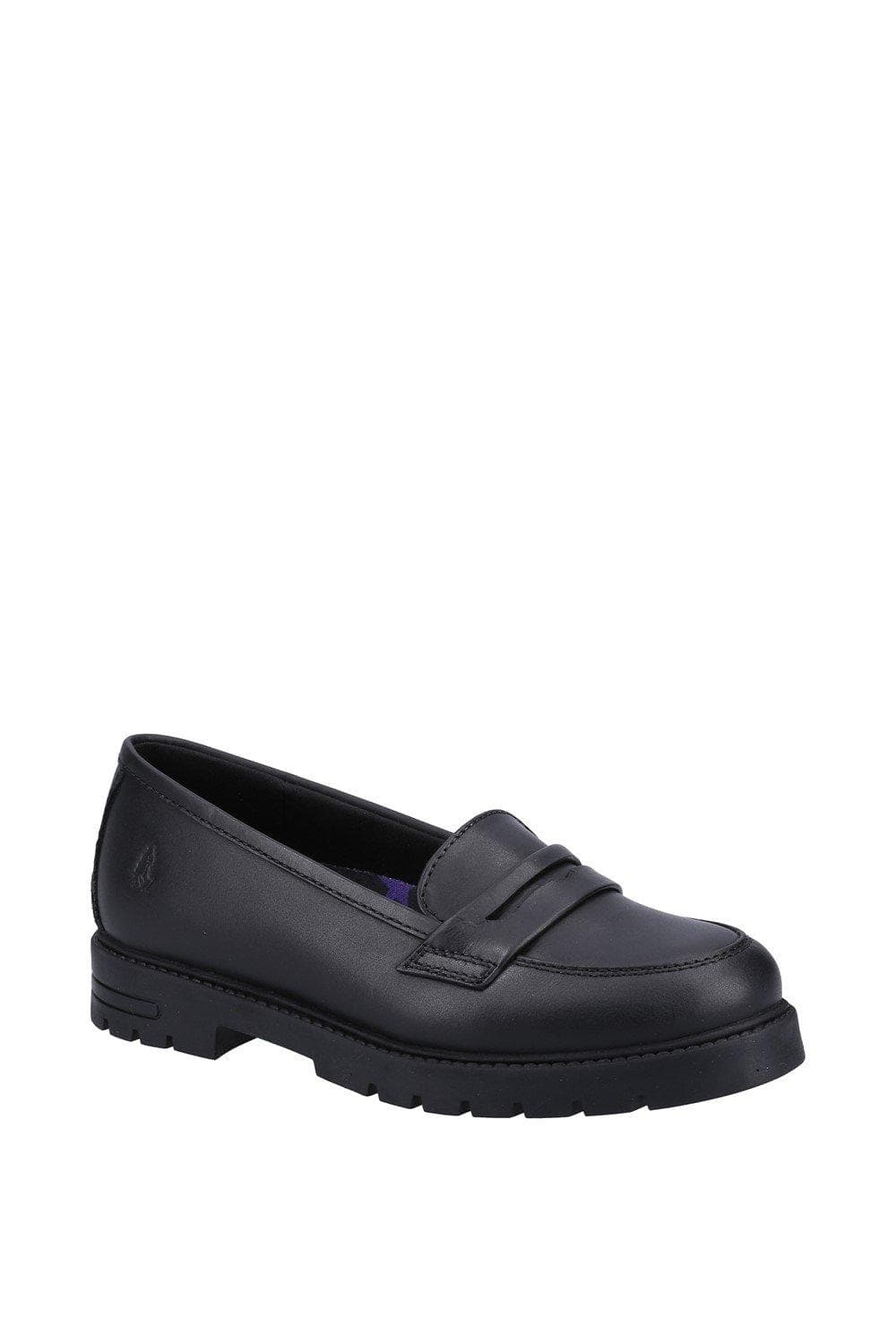 Black leather youth loafers featuring a classic design with a stitched front, a low heel, and a textured rubber sole for durability and comfort.