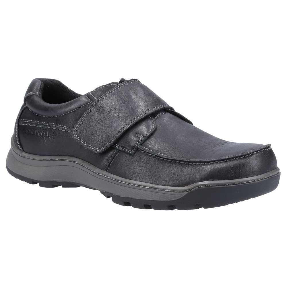 Black leather touch fastening shoes with a sturdy sole, featuring a wide strap and cushioned interior, designed for comfort and style, available in size 6.