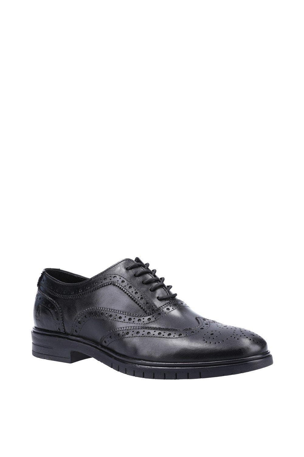 Black smooth leather lace-up shoes featuring brogue detailing and a sturdy sole, designed by Hush Puppies in size 6.