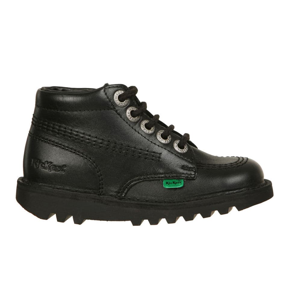 Youth unisex black leather Kick Hi boots by Kickers, featuring a high-top design, lace-up front, and rugged sole with a green logo tag. Size 3.