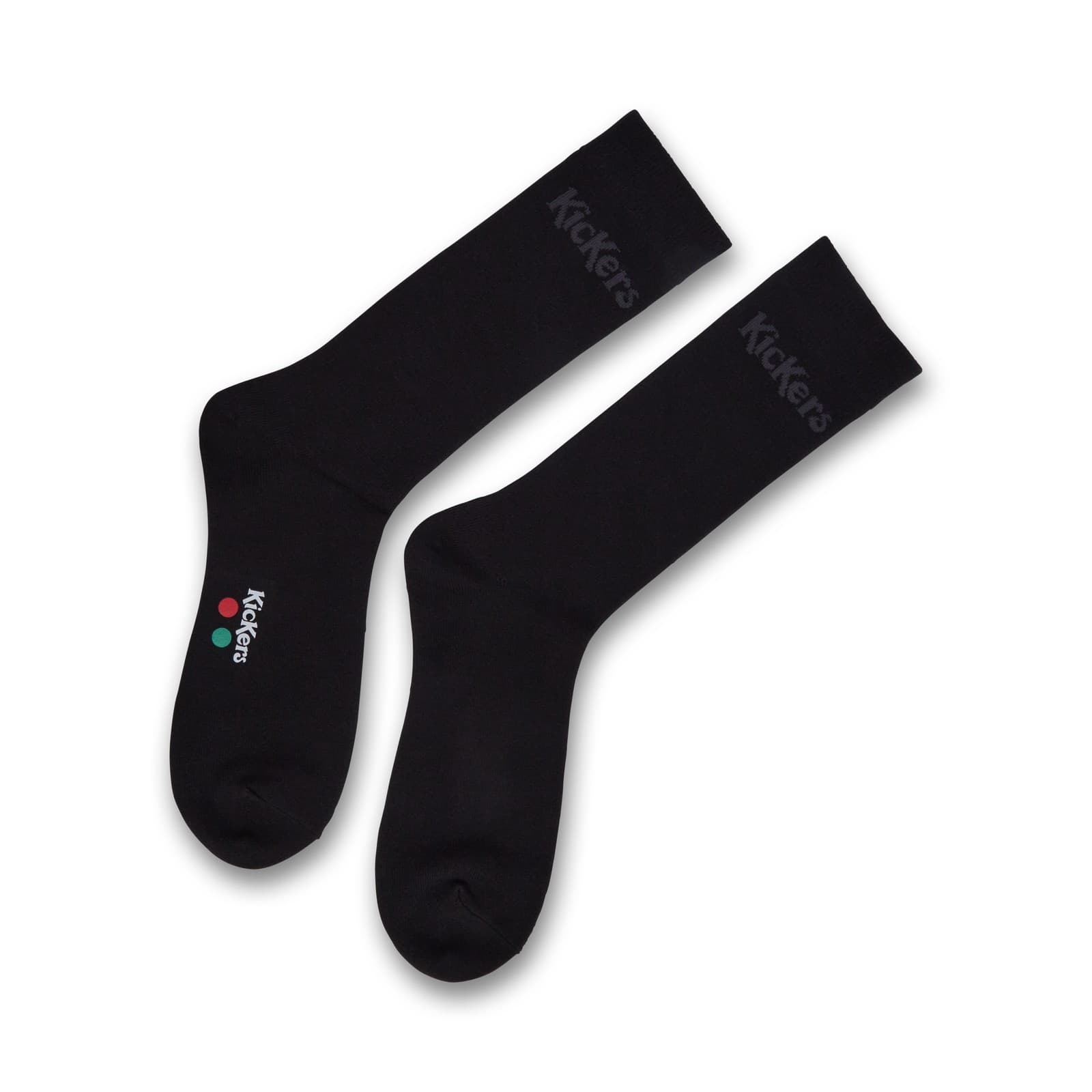 Black crew socks from Kickers, made of soft material, featuring the brand logo in gray and colorful dots, available in size S, sold in a 3-pack.