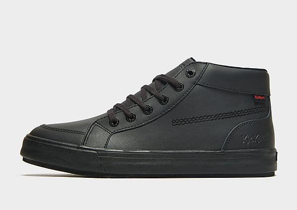 Black leather high-top shoes with a sleek design, featuring black laces, a textured side panel, and a subtle red Kickers logo on the outer side. Size 6.5.
