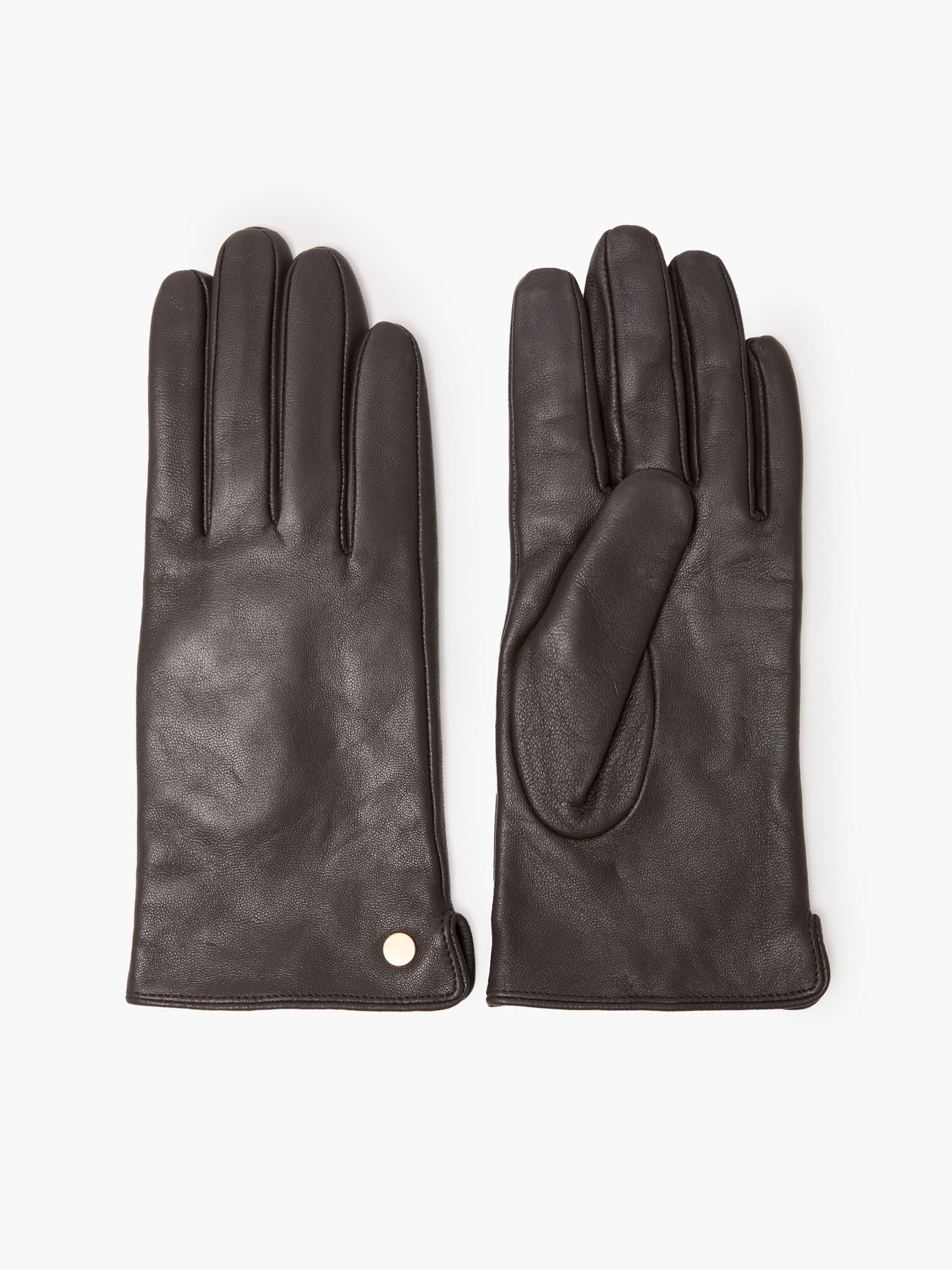 Brown leather gloves with a smooth finish, featuring a sleek design and a small metallic logo detail on one side.
