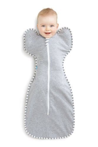 Gray baby sleep sack with large, rounded arm openings, a front zipper, and striped trim, designed for self-soothing and comfort.