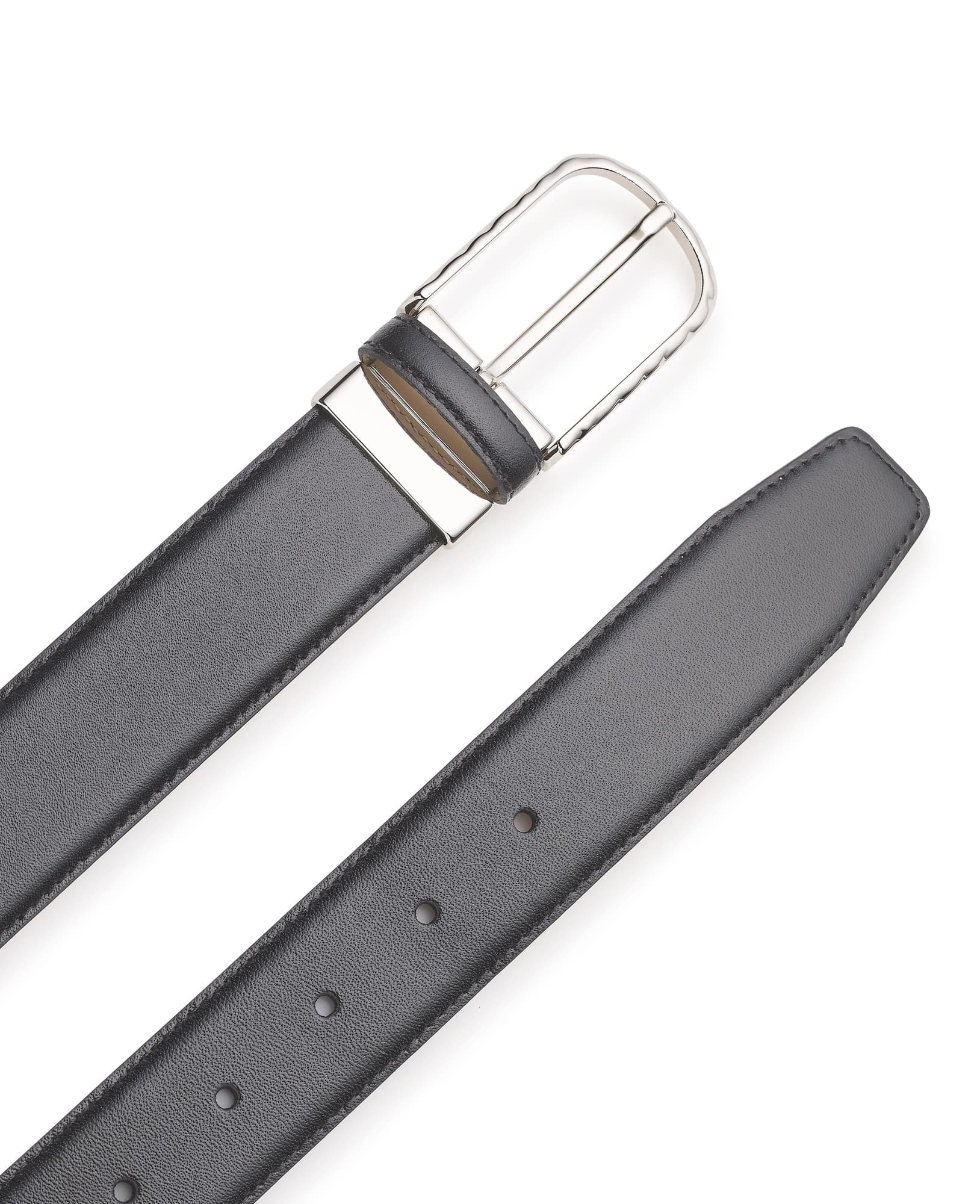 Men's black leather belt from Savile Row Company, size 42, featuring a sleek design, silver metal buckle, and multiple adjustment holes along the strap.
