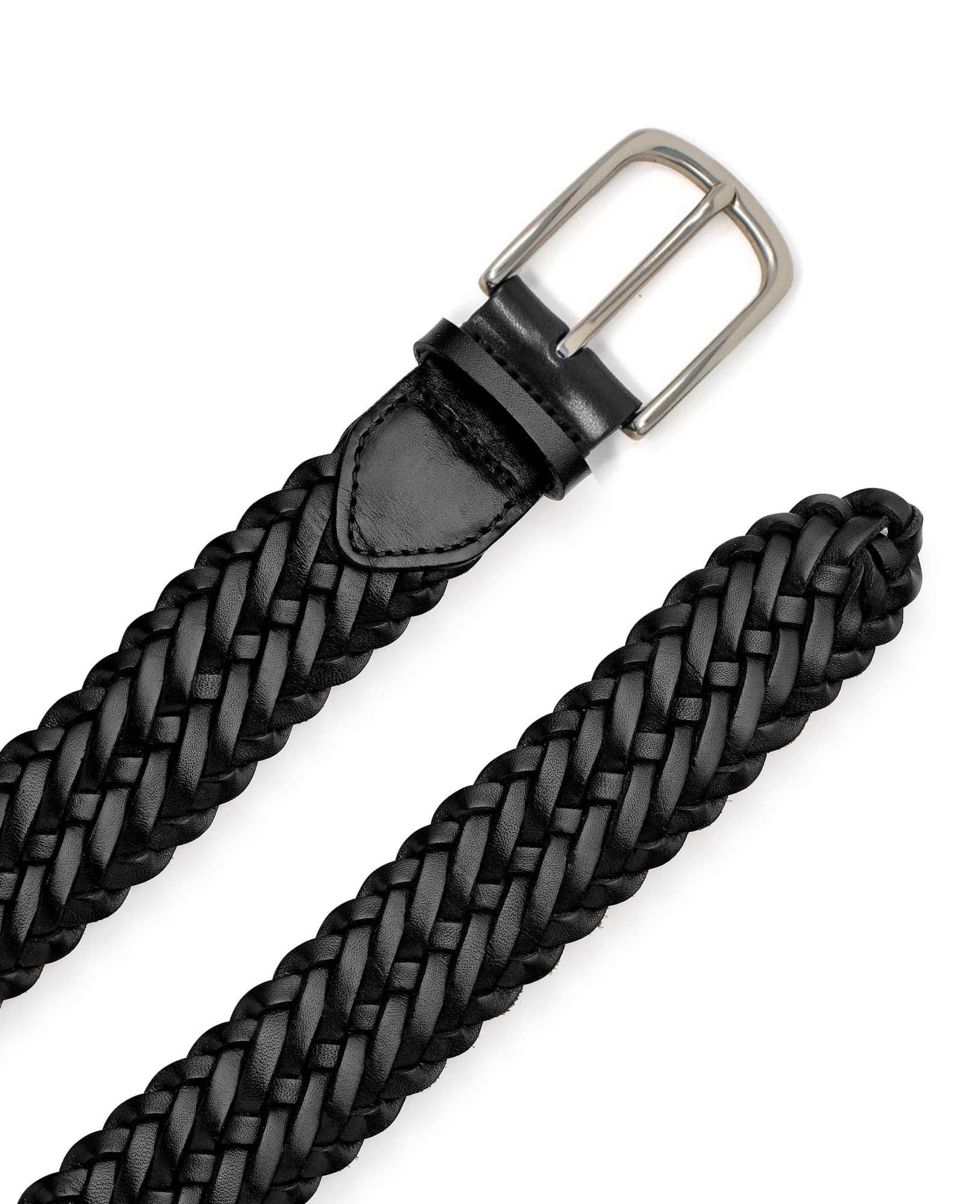 Men's black plaited leather belt featuring a silver metal buckle, with a smooth leather tip and a braided design, size 40 by Savile Row Company.