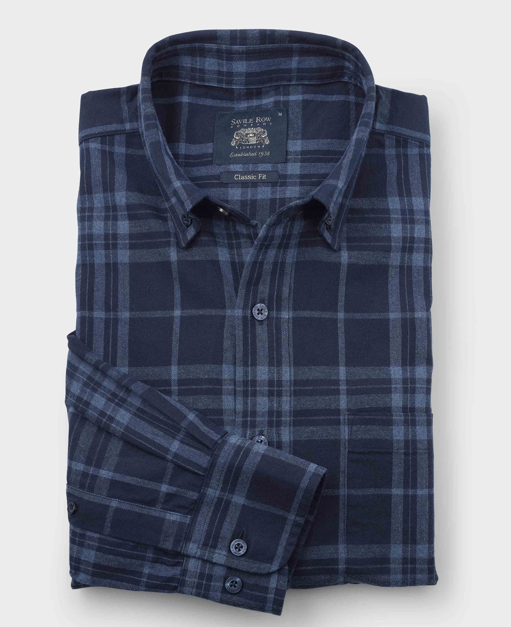 Men's Blue Brushed Cotton Check Classic Fit Button-Down Casual Shirt - Size: Large x Extra Long - 37.5" - Savile Row Company - image 2
