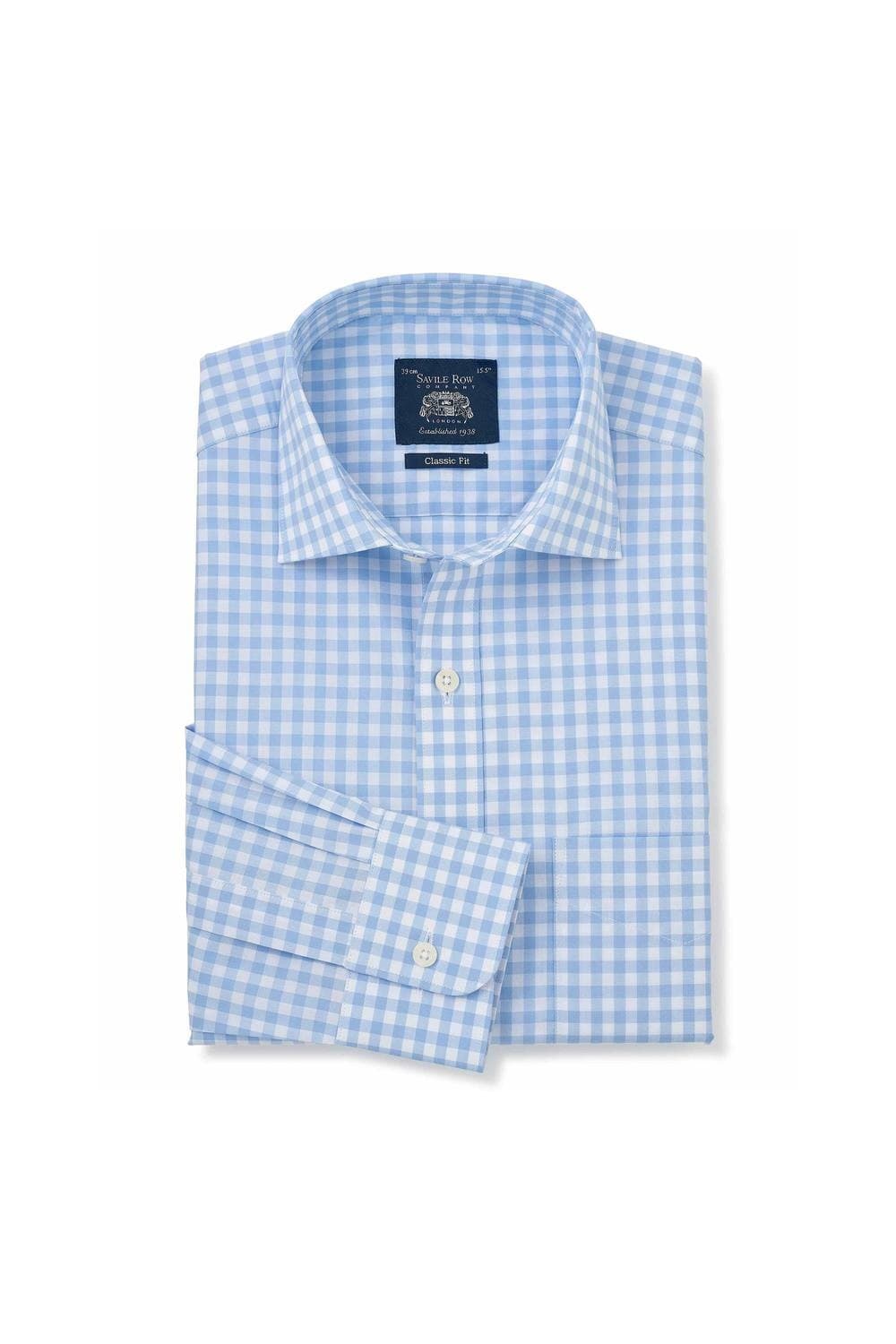 Blue gingham check formal shirt with a classic fit, single cuff, and a collar, featuring a Savile Row Company label, size 15.5 inches.