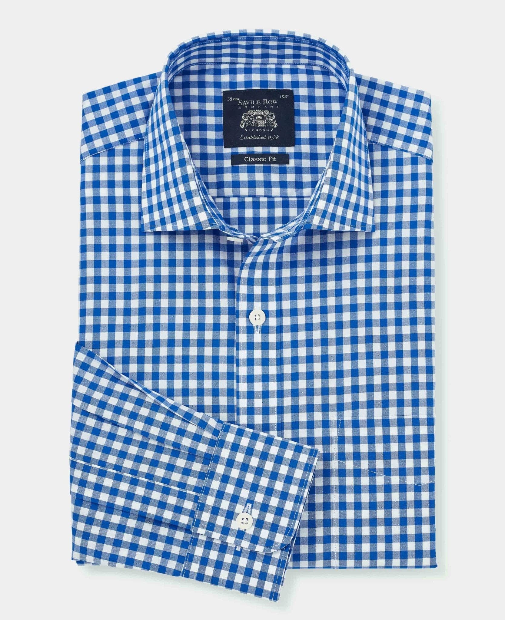Men's blue and white gingham formal shirt with a classic fit, single cuff, and size 16, featuring a crisp collar and Savile Row Company branding.