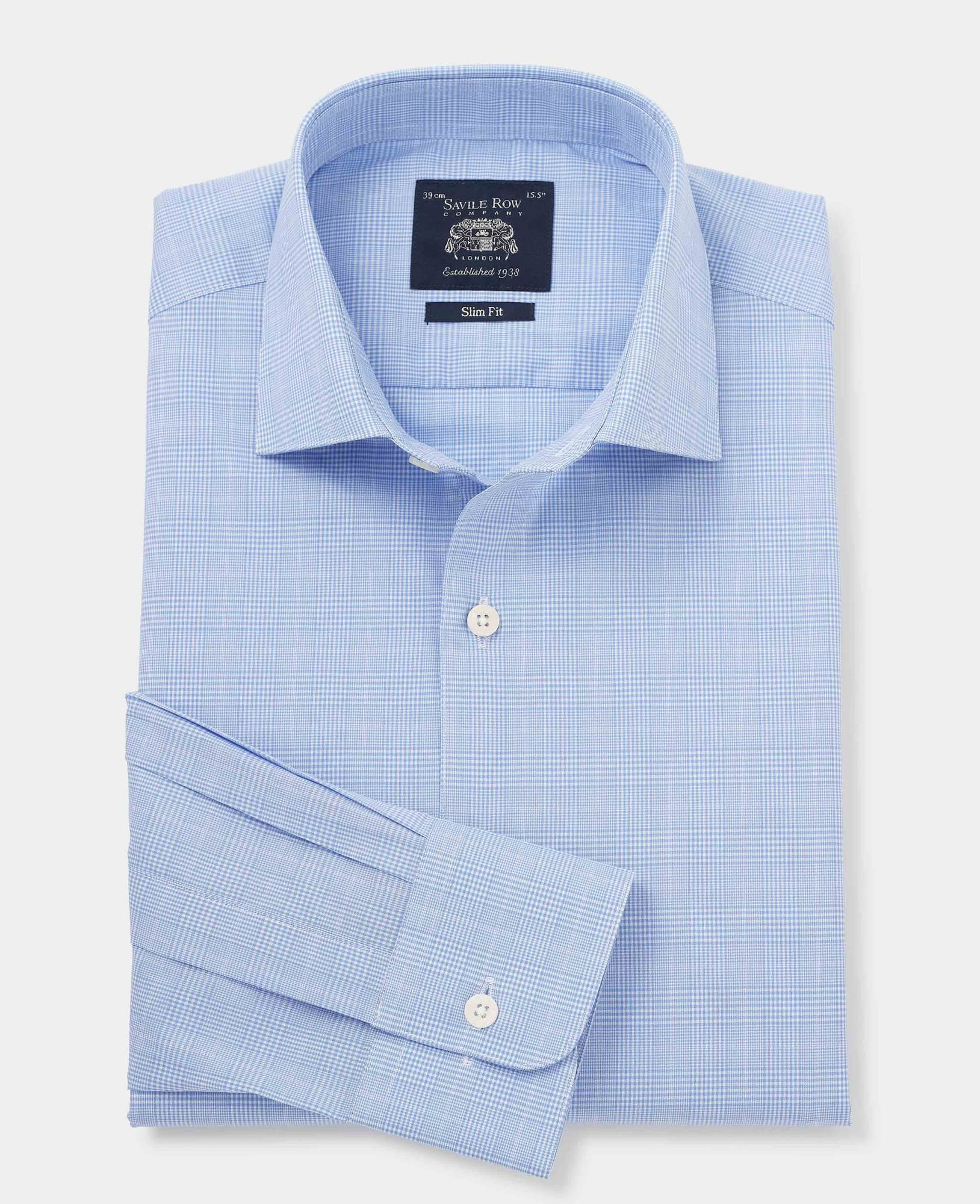Men's slim fit formal shirt in blue cotton featuring a Prince of Wales check pattern, single cuff design, and size 17 with an extra long length of 37.5 inches.