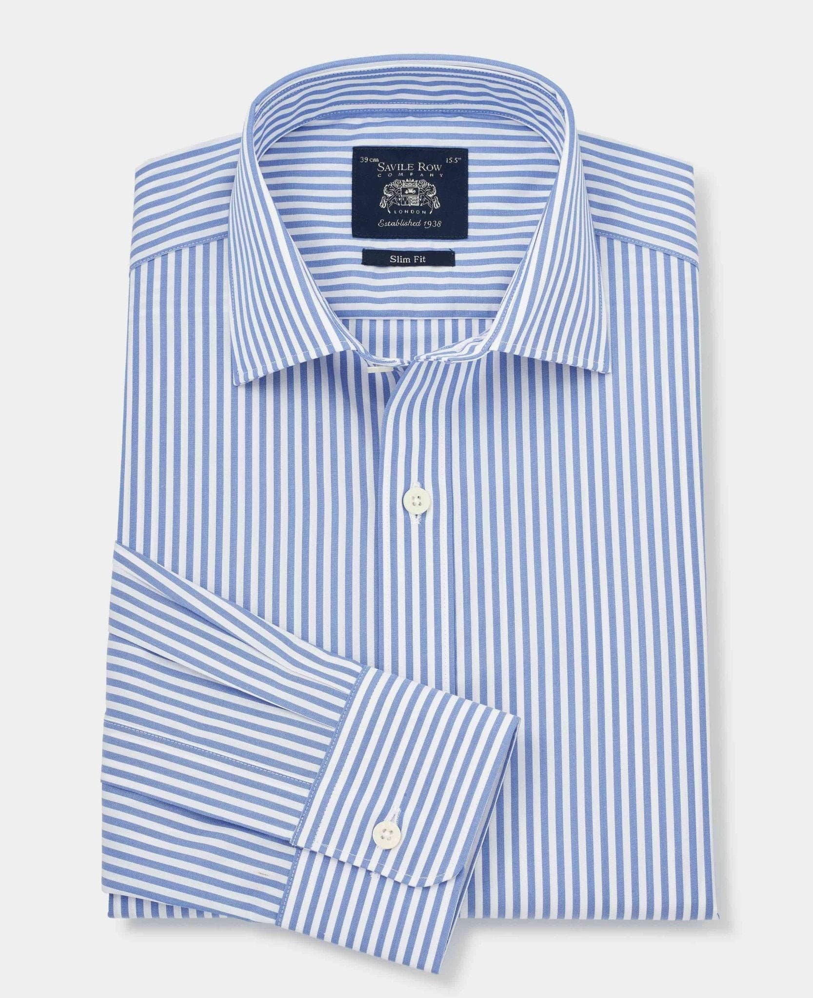 Men's blue slim fit formal shirt featuring white stripes, single cuff, and a collar, made from smooth fabric, size 16.5 with an extra long length of 37 inches, by Savile Row Company.