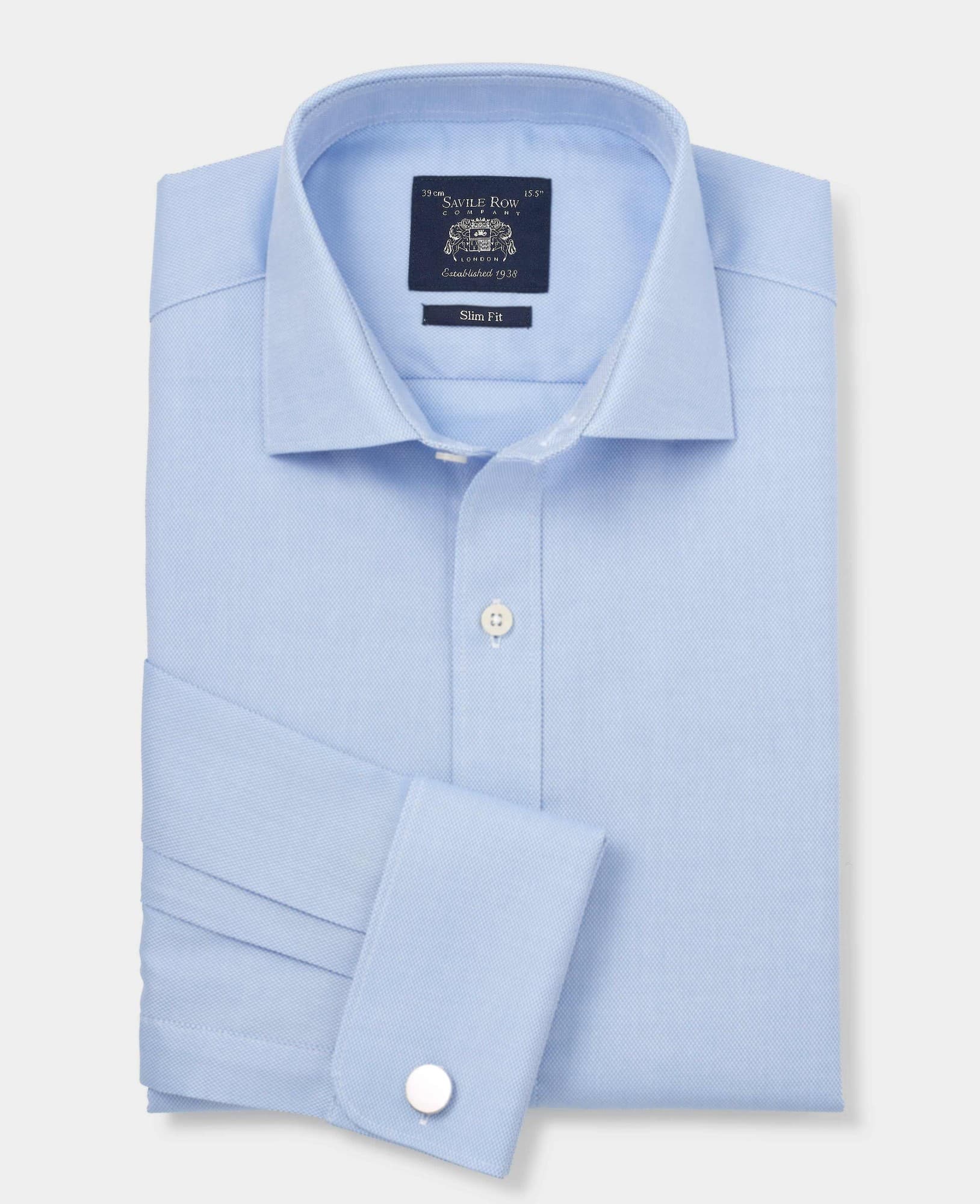 Light blue textured cotton slim fit formal shirt with double cuffs, size 17, extra long 37.5", featuring a classic collar and Savile Row Company branding.