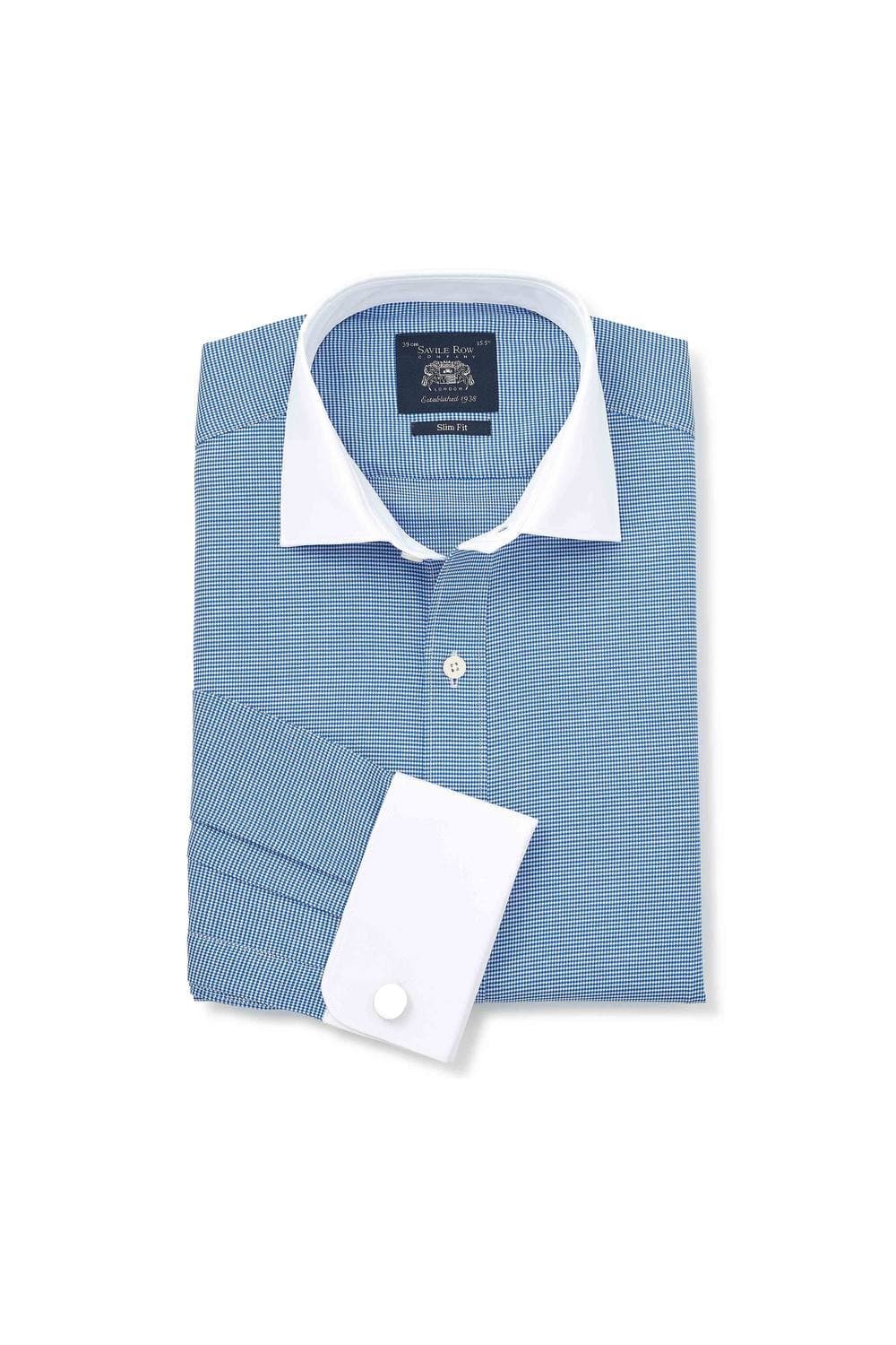 Men's slim fit formal shirt in blue and white puppytooth pattern, featuring double cuffs and a crisp white collar, made of cotton, size 18" X 37" by Savile Row Company.