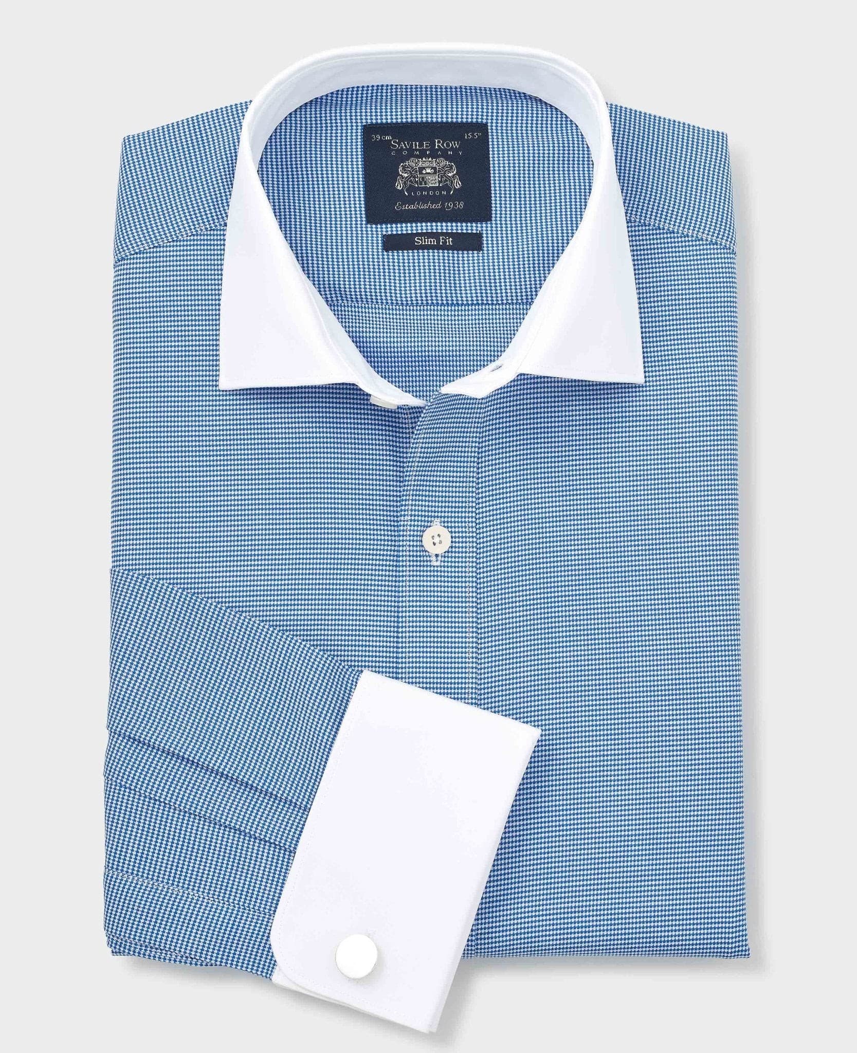 Men's blue and white cotton puppytooth formal shirt featuring a slim fit, double cuffs, and a contrasting white collar, size 16.5, extra long 37", by Savile Row Company.