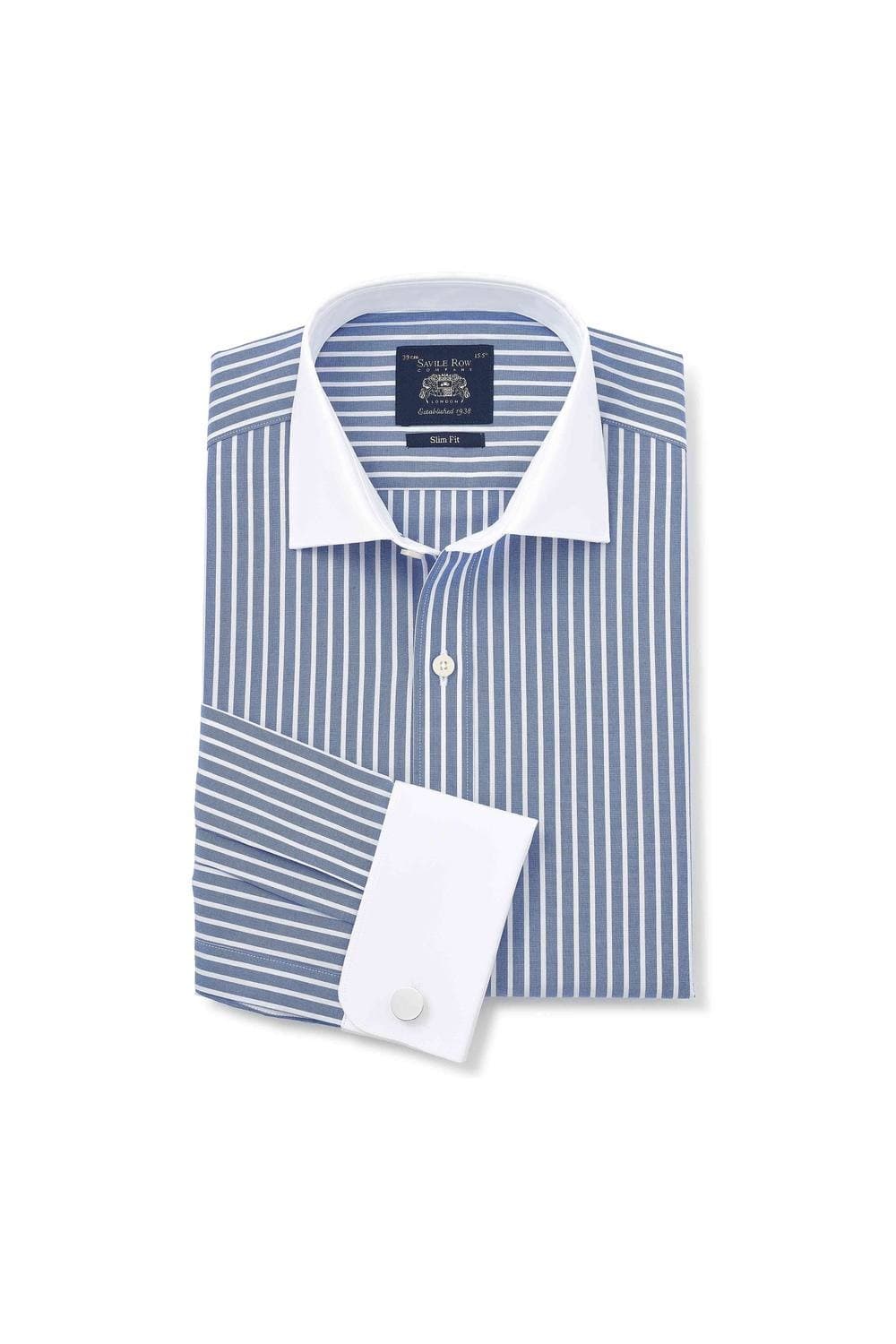Men's slim fit formal shirt in blue and white stripes, made of cotton, featuring double cuffs and a classic collar, size 14.5 with a 33" length, by Savile Row Company.