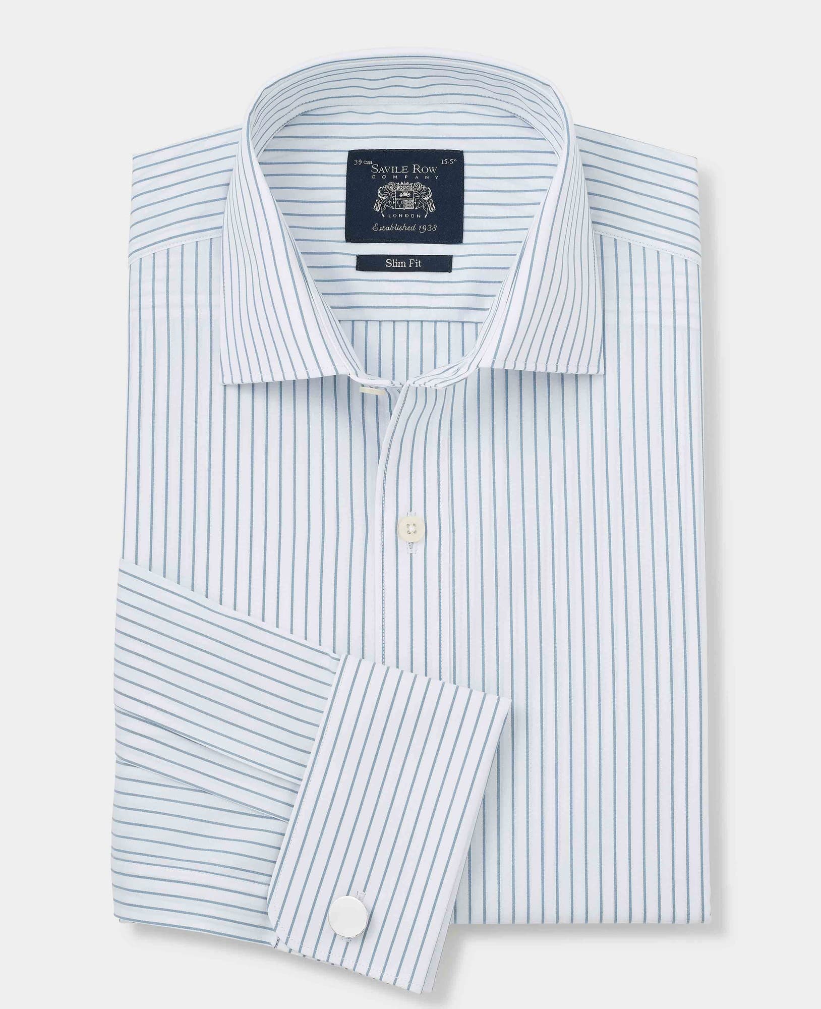 Men's slim fit formal shirt in blue and white stripes, made of cotton, featuring double cuffs and a size label of 15.5" X extra long - 36", with a Savile Row Company tag.