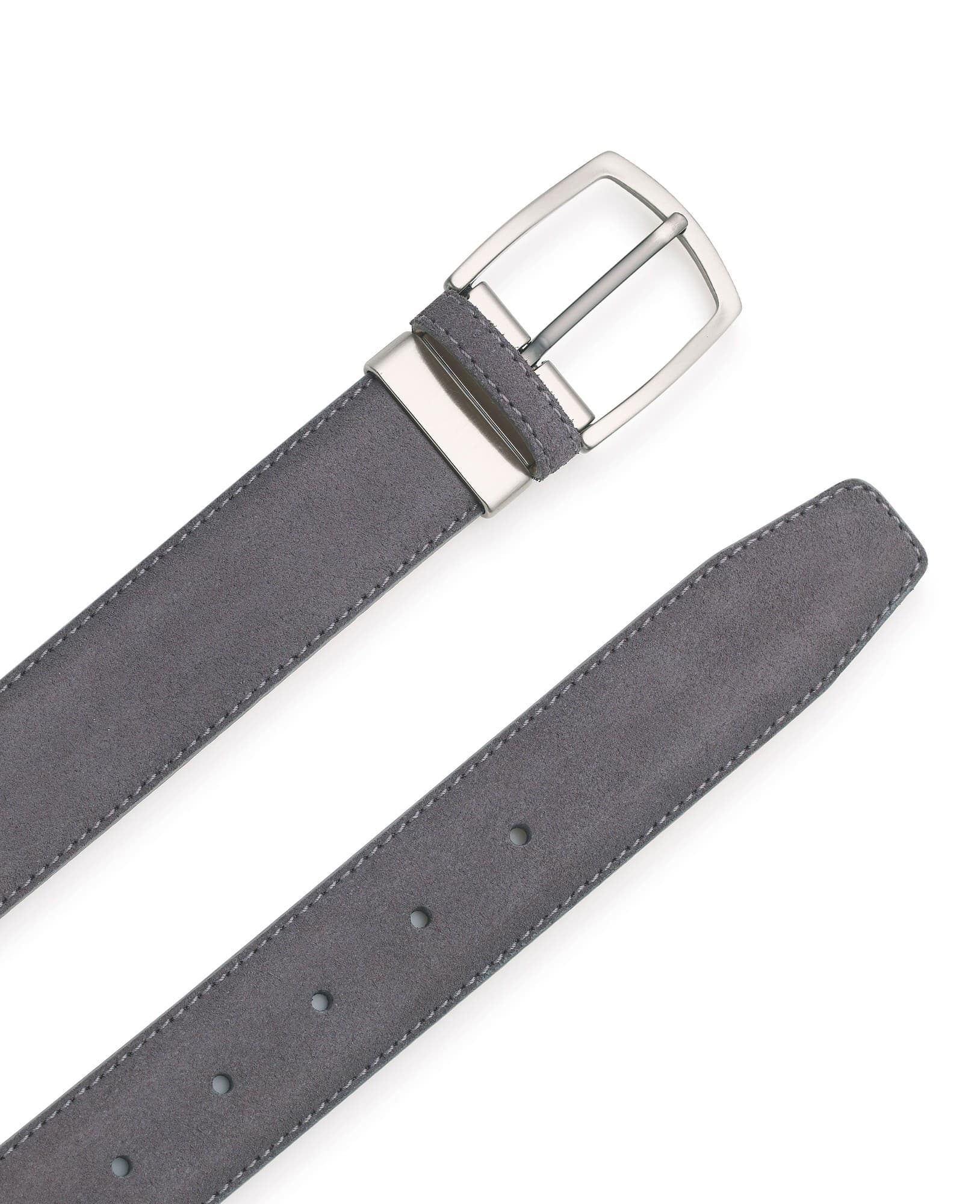 Men's dark grey suede belt with a sleek silver buckle, featuring multiple holes for adjustability, designed by Savile Row Company, size 32.
