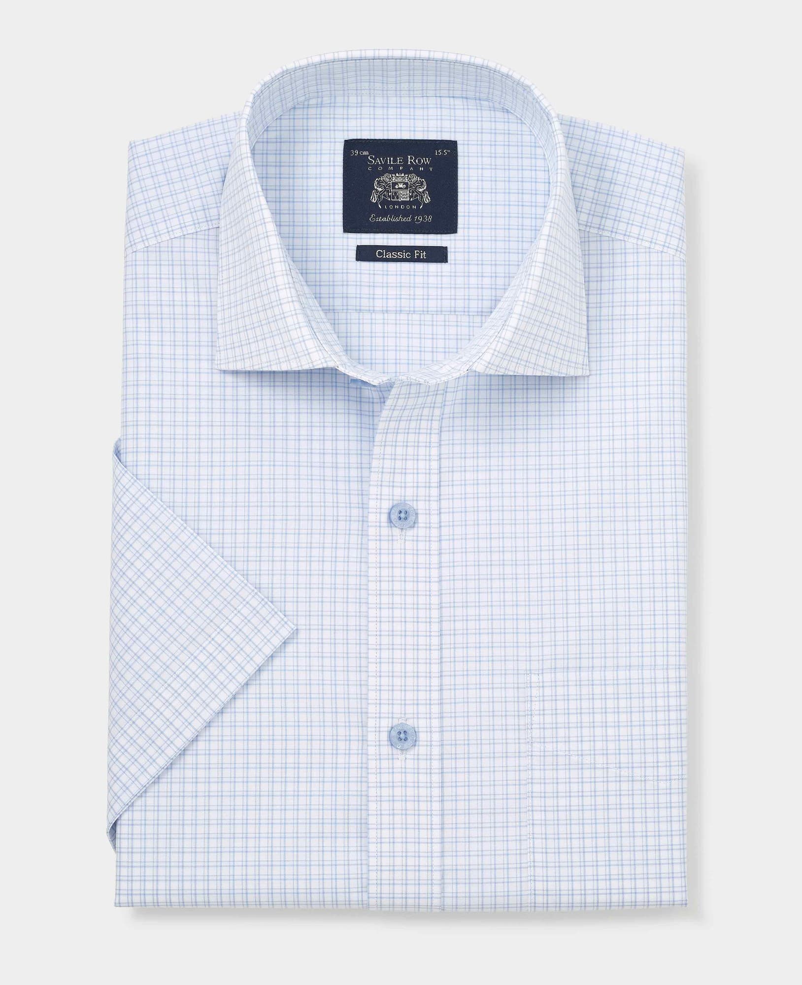 Light blue cotton short sleeve formal shirt featuring a classic fit, check pattern, button-down collar, and a single chest pocket, branded with Savile Row Company label.