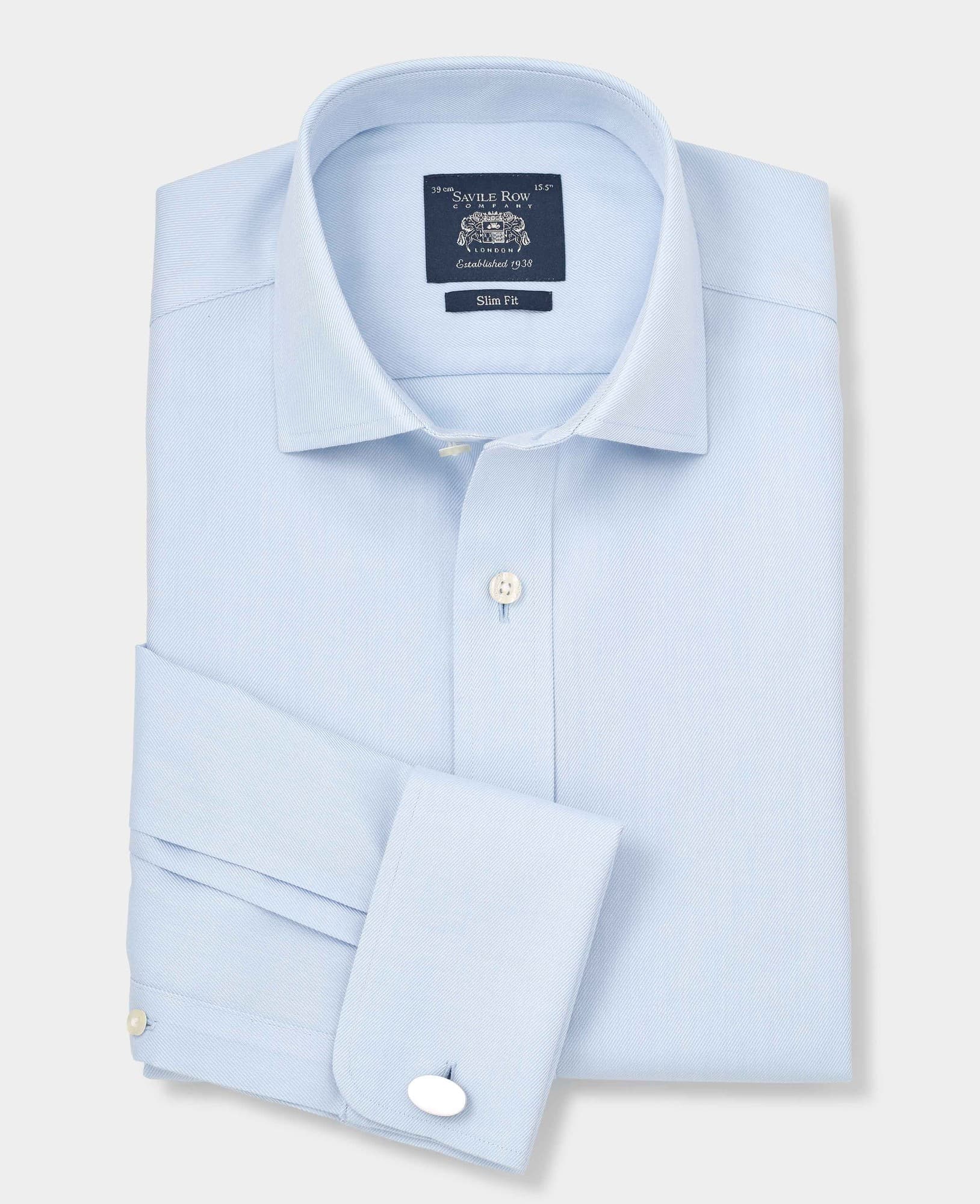 Light blue cotton twill slim fit shirt with double cuffs, size 14.5 x 33, featuring a classic collar and Savile Row Company label.