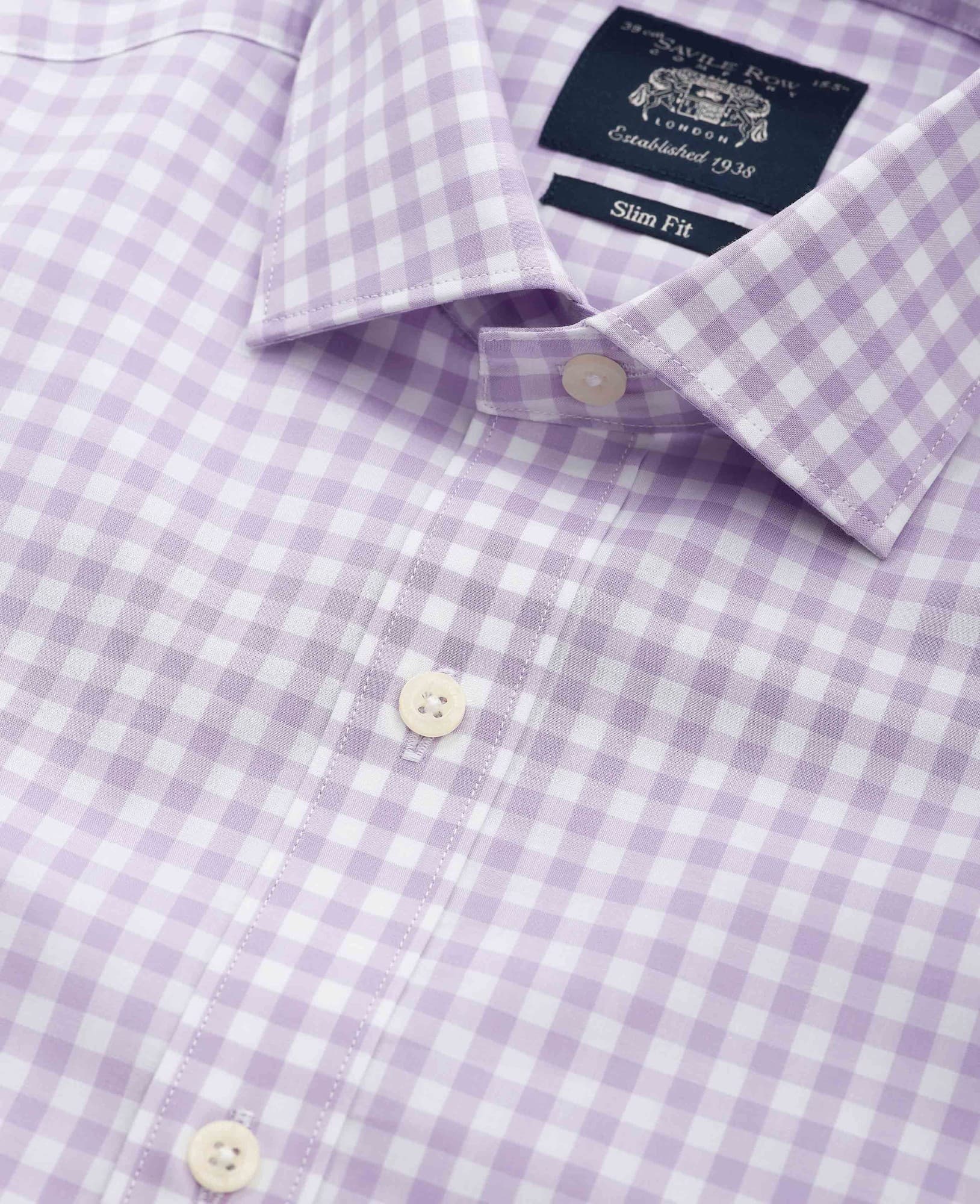 Men's Lilac Cotton Gingham Check Slim Fit Formal Shirt - Single Cuff - Size: 18" x Standard - 37" - Savile Row Company - image 4