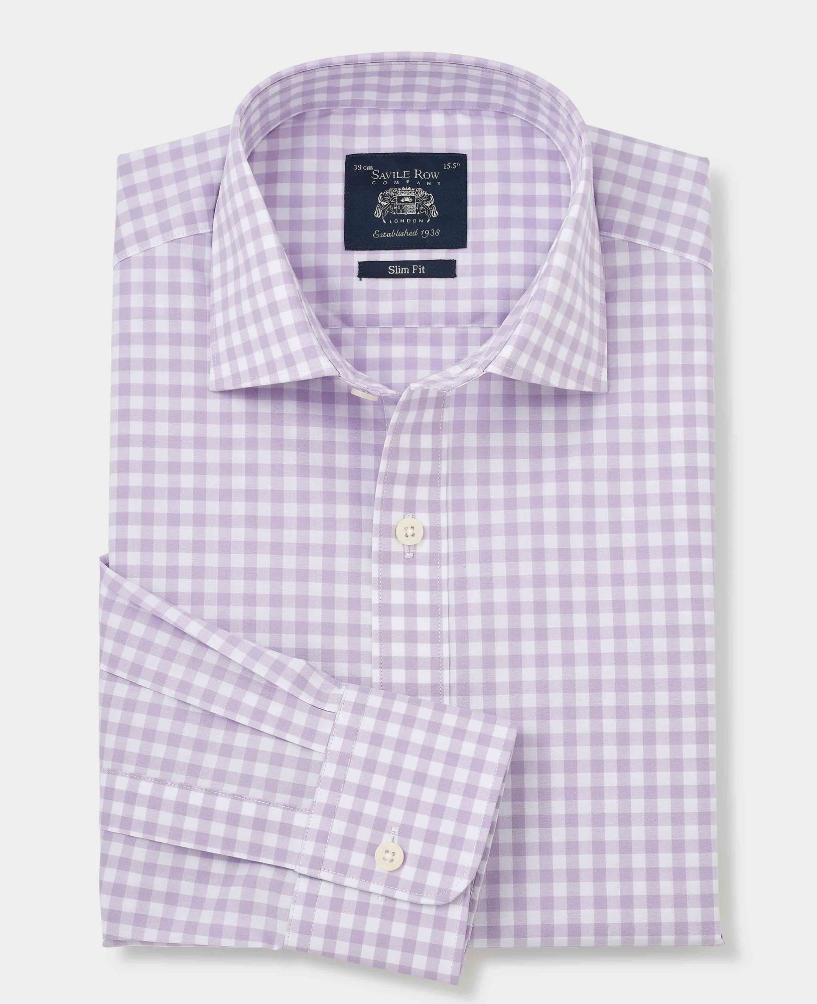 Lilac cotton gingham check formal shirt with a slim fit, single cuff, and size 18, featuring a classic collar and Savile Row Company branding on the label.