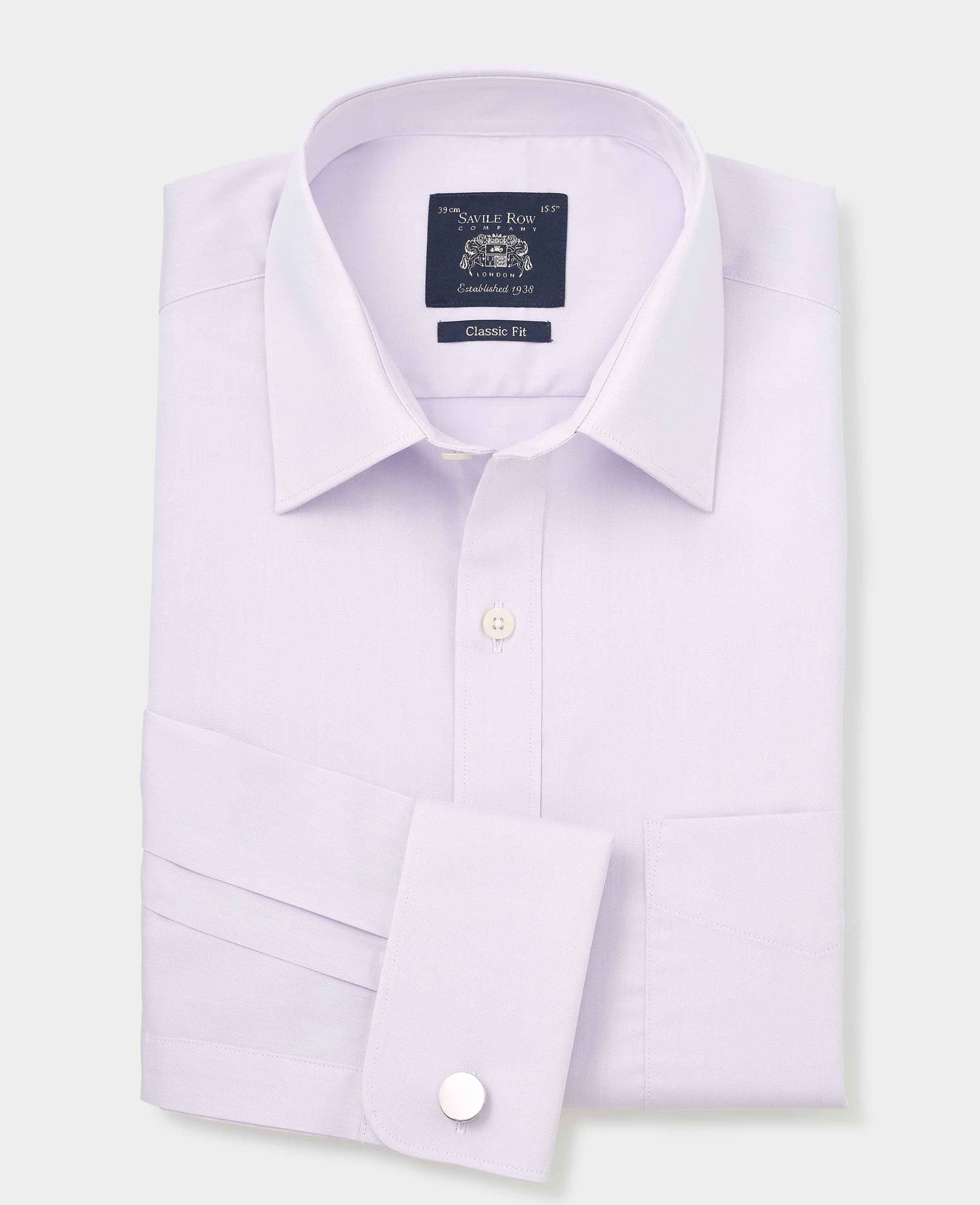 Lilac cotton twill formal shirt with a classic fit, double cuff, size 18, featuring a pointed collar and a Savile Row Company label.