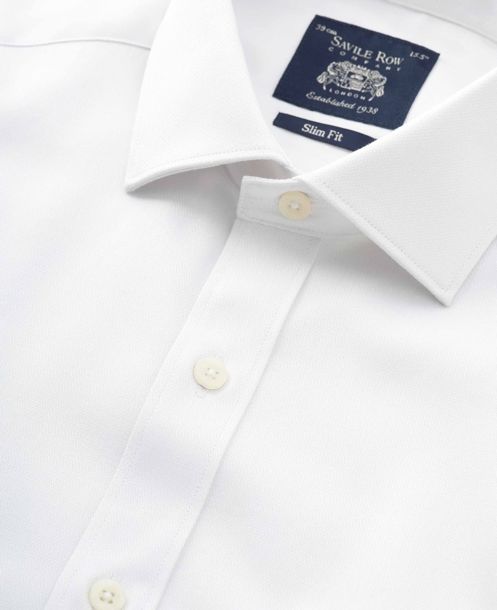 Men's Natural White Cotton Herringbone Slim Fit Formal Shirt - Double Cuff - Size: 16" x Extra Long - 36.5" - Savile Row Company - image 3
