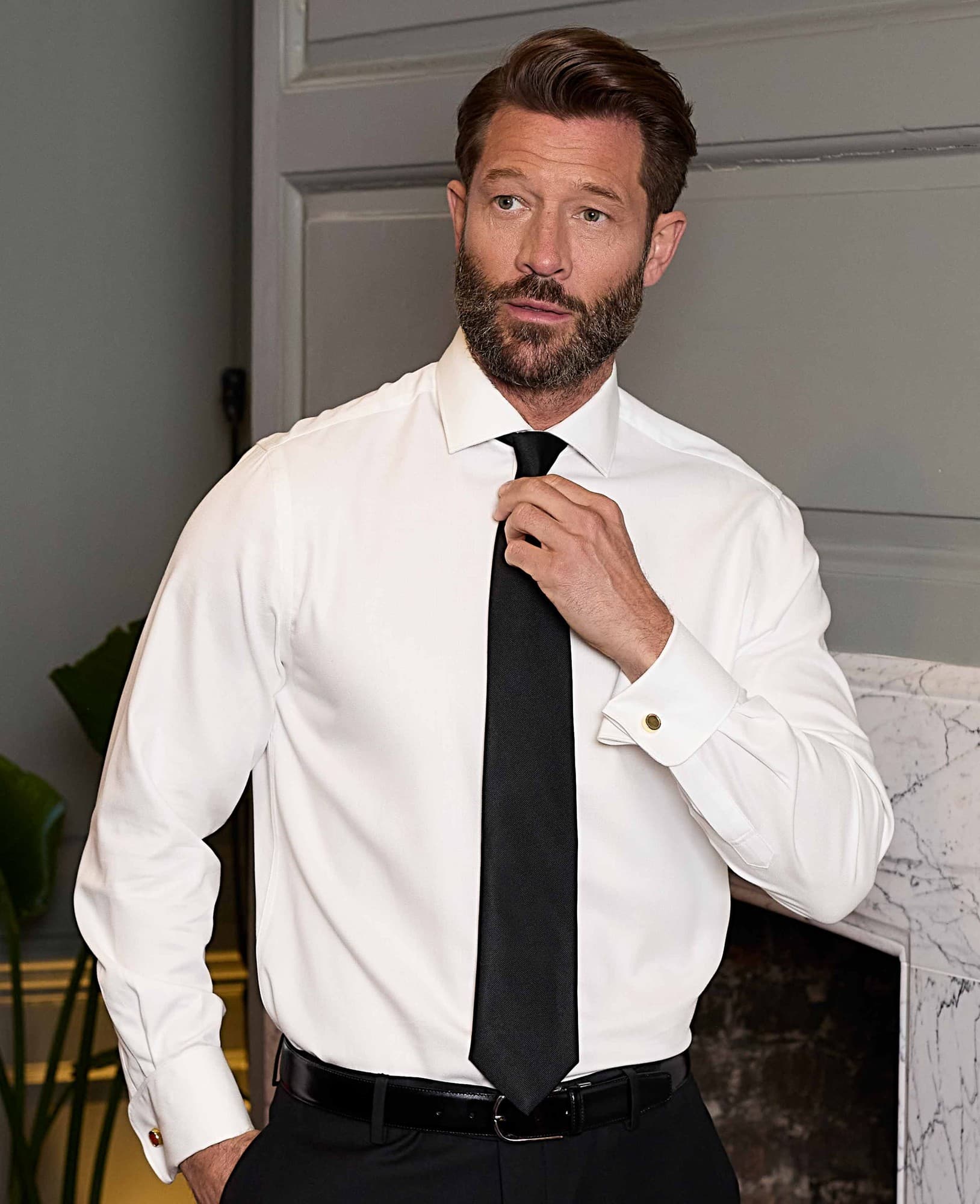 Men's Natural White Cotton Herringbone Slim Fit Formal Shirt - Double Cuff - Size: 16" x Extra Long - 36.5" - Savile Row Company - image 4