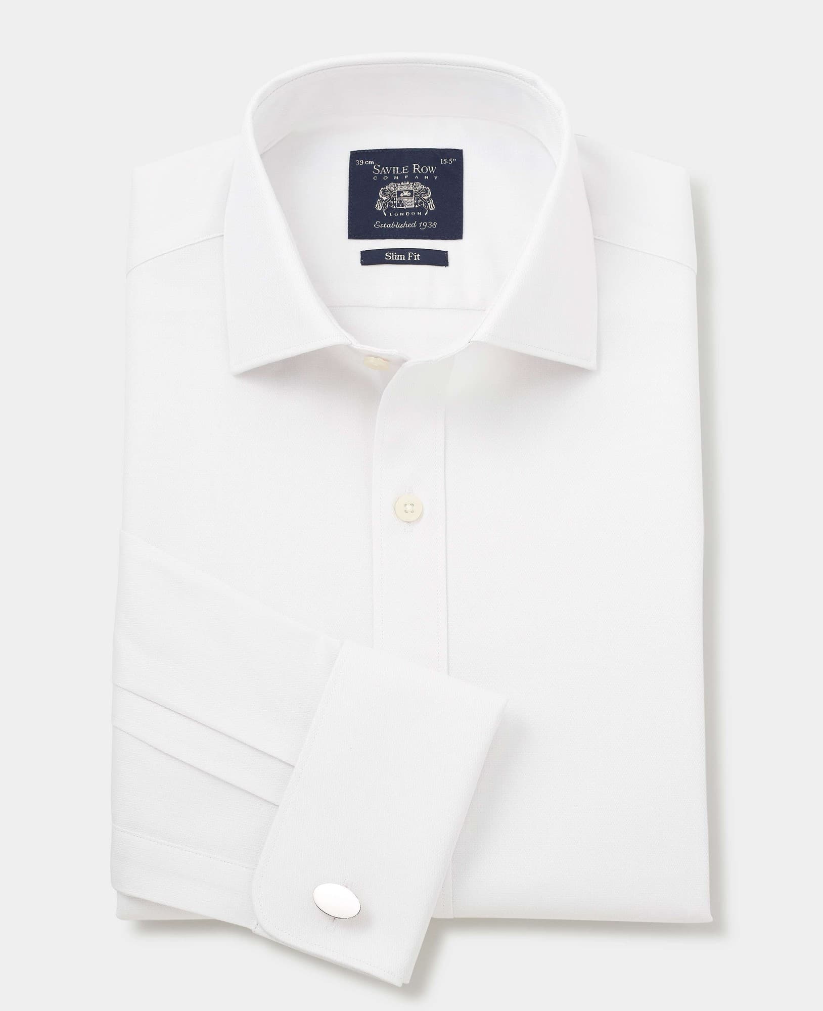 Men's slim fit formal shirt in natural white cotton with a herringbone pattern, double cuff design, size 18" X standard 37", featuring a classic collar and Savile Row Company branding.