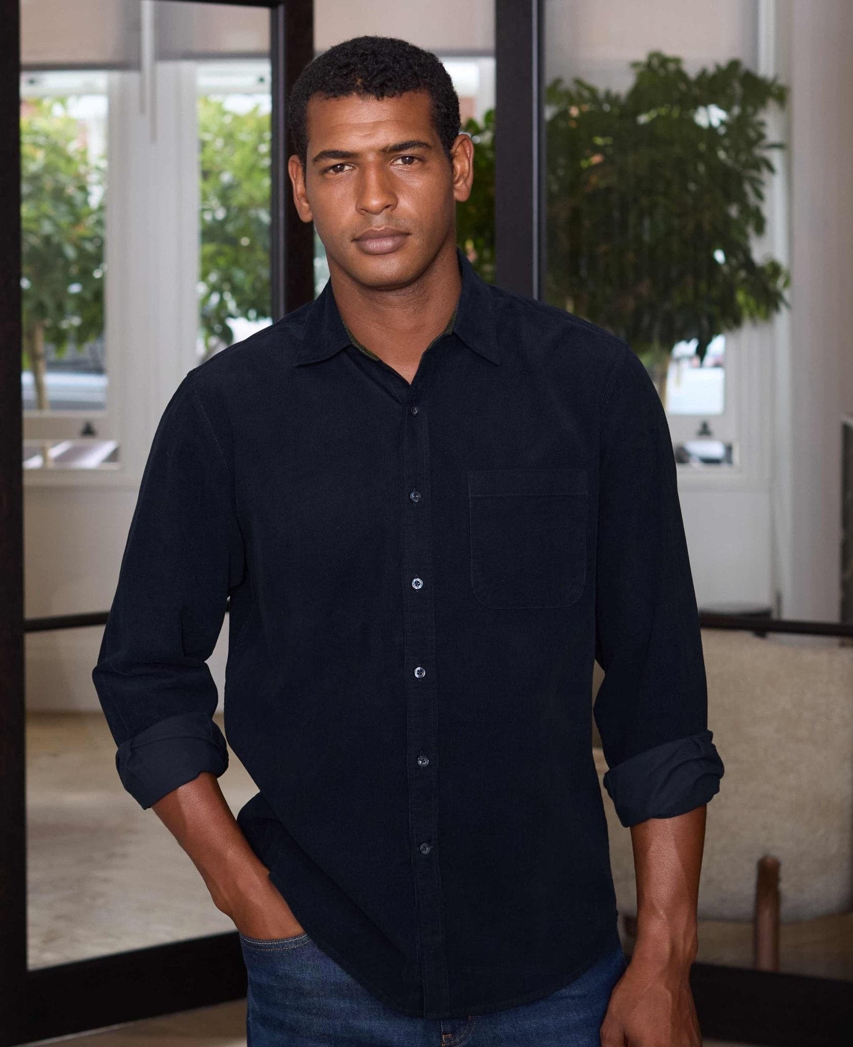 Men's Navy Cotton Babycord Classic Fit Casual Shirt - Size: XL x Extra Long - 38.5" - Savile Row Company - image 3