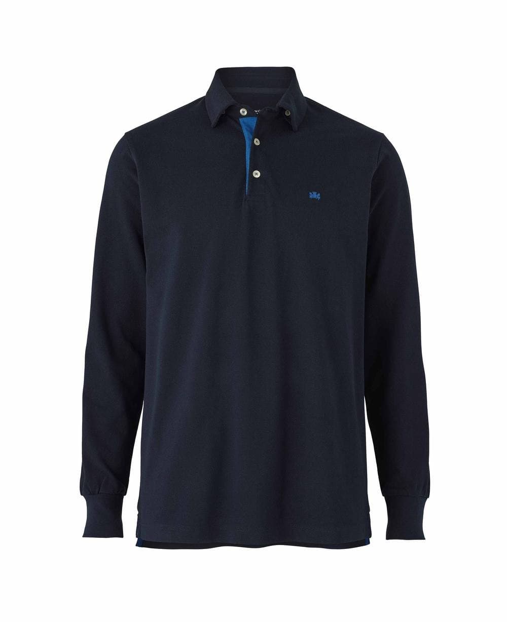 Men's long sleeve polo shirt in navy cotton pique, featuring a classic collar, three-button placket, and a small logo on the chest, available in size medium.