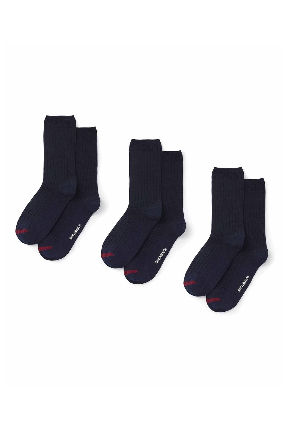 Navy and burgundy combed cotton blend socks in a pack of three, featuring ribbed texture and contrasting burgundy toe detailing, suitable for men's size 9-11.