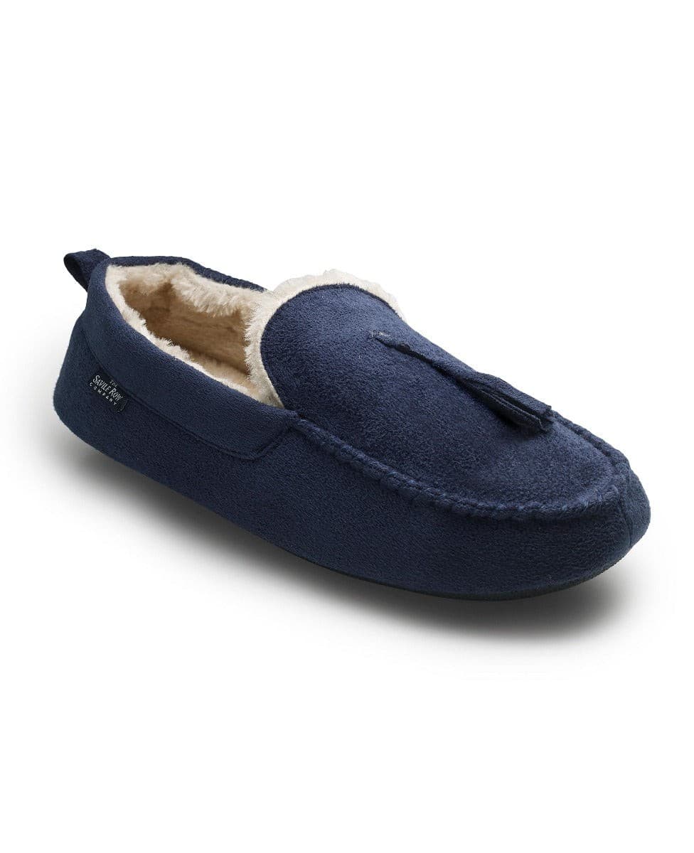 Men's navy microsuede moccasin slippers featuring a soft interior lining, a decorative tassel, and a comfortable slip-on design, size 8 by Savile Row Company.