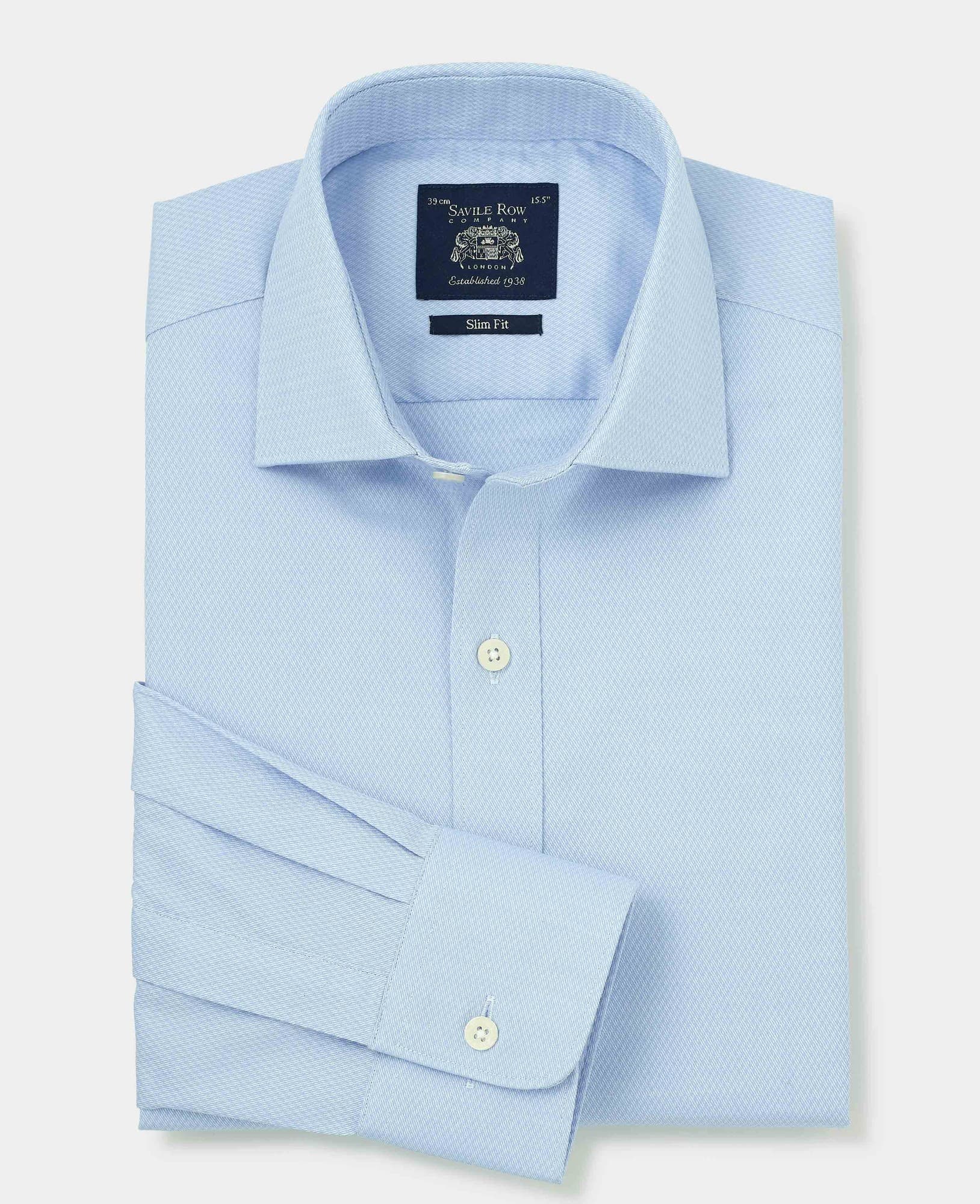 Light blue slim fit formal shirt made from stretch cotton, featuring a single cuff and a classic collar, with a Savile Row Company label inside the collar.