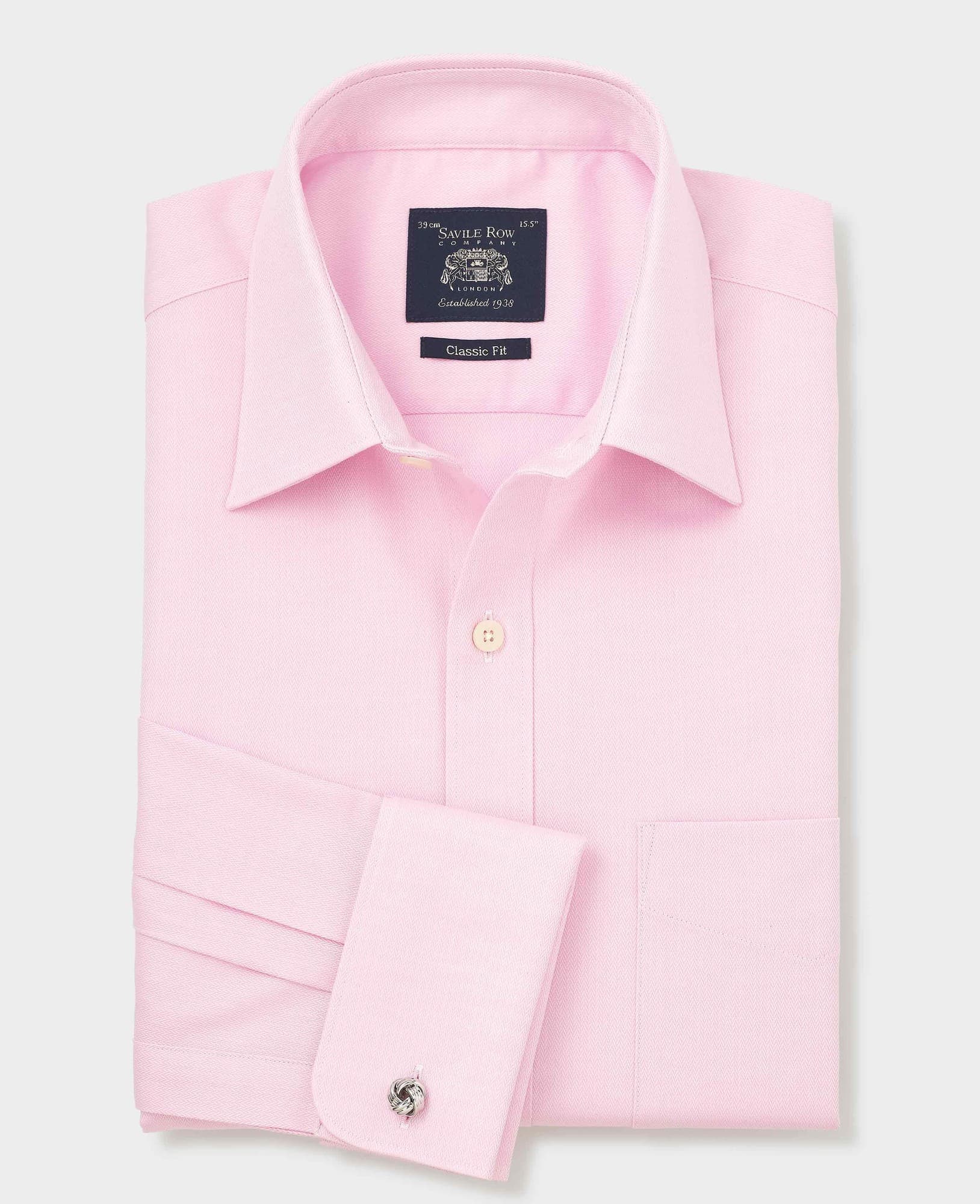Men's pink herringbone cotton formal shirt featuring a classic fit, double cuffs, and a size of 16.5" X extra long 37", with a Savile Row Company label.