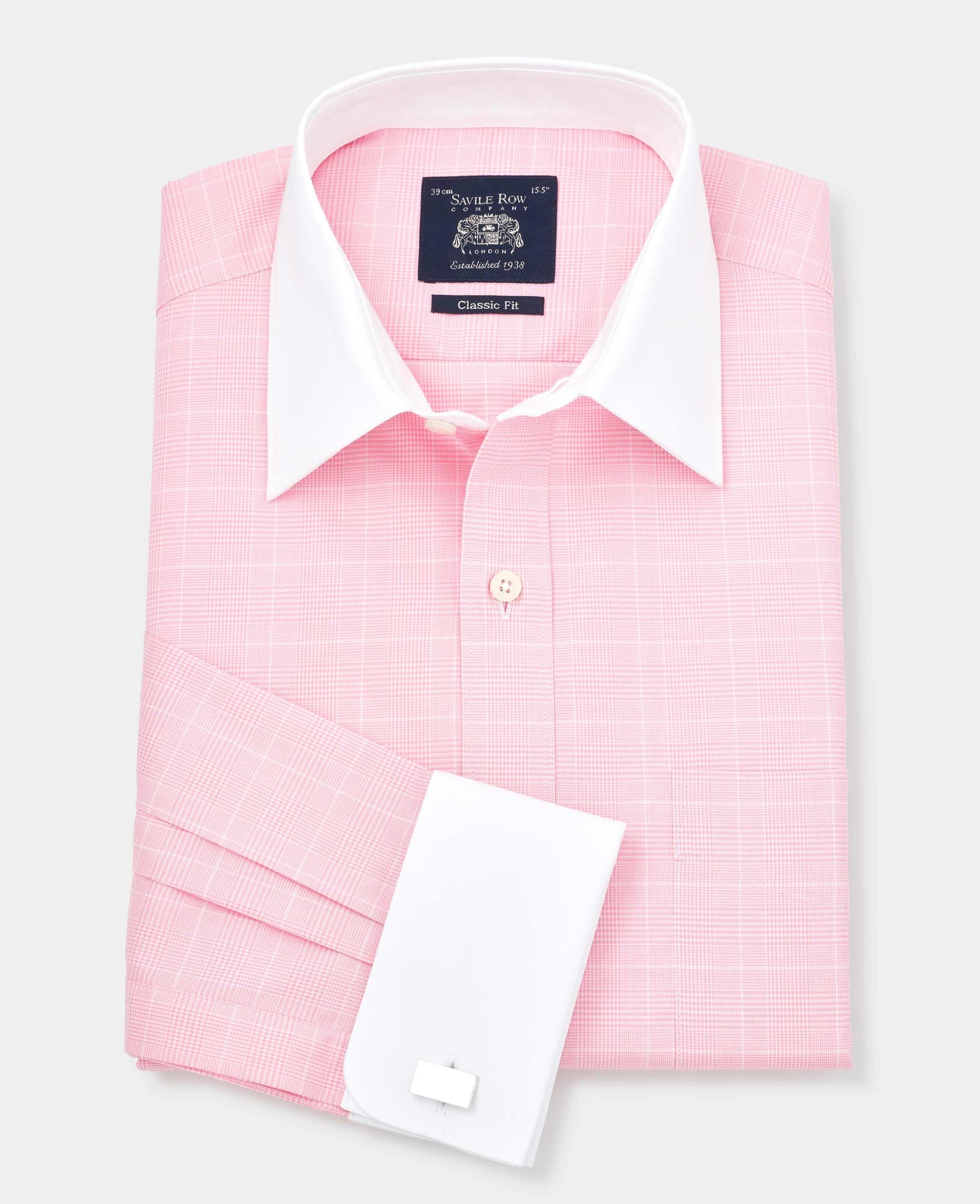 Men's classic fit formal shirt in pink Prince of Wales check, featuring a crisp white collar and cuffs, made from high-quality fabric, size 17.5 with a 36" sleeve length.
