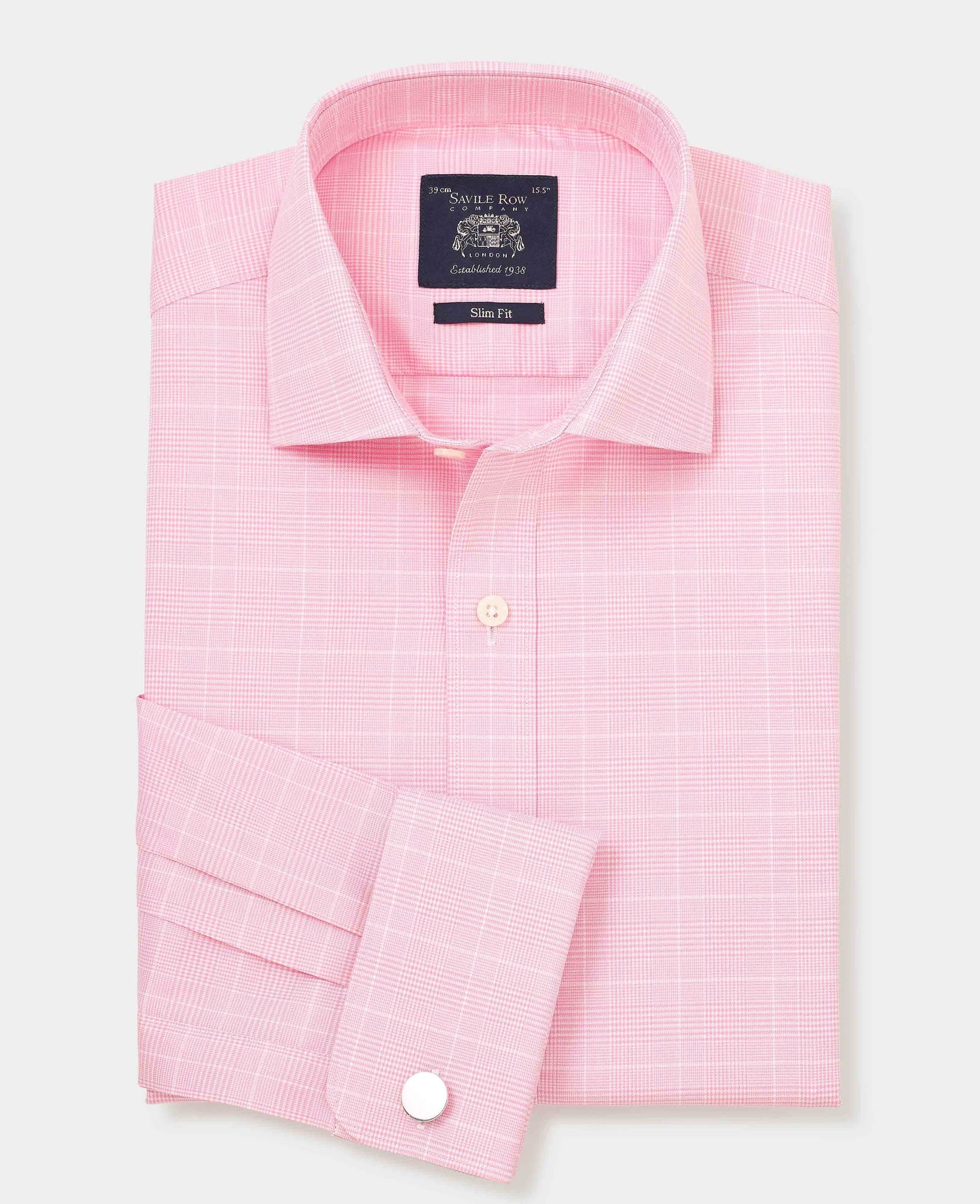Men's slim fit formal shirt in pink and white Prince of Wales check pattern, made of cotton, featuring double cuffs and a size 17.5 with extra long sleeves.