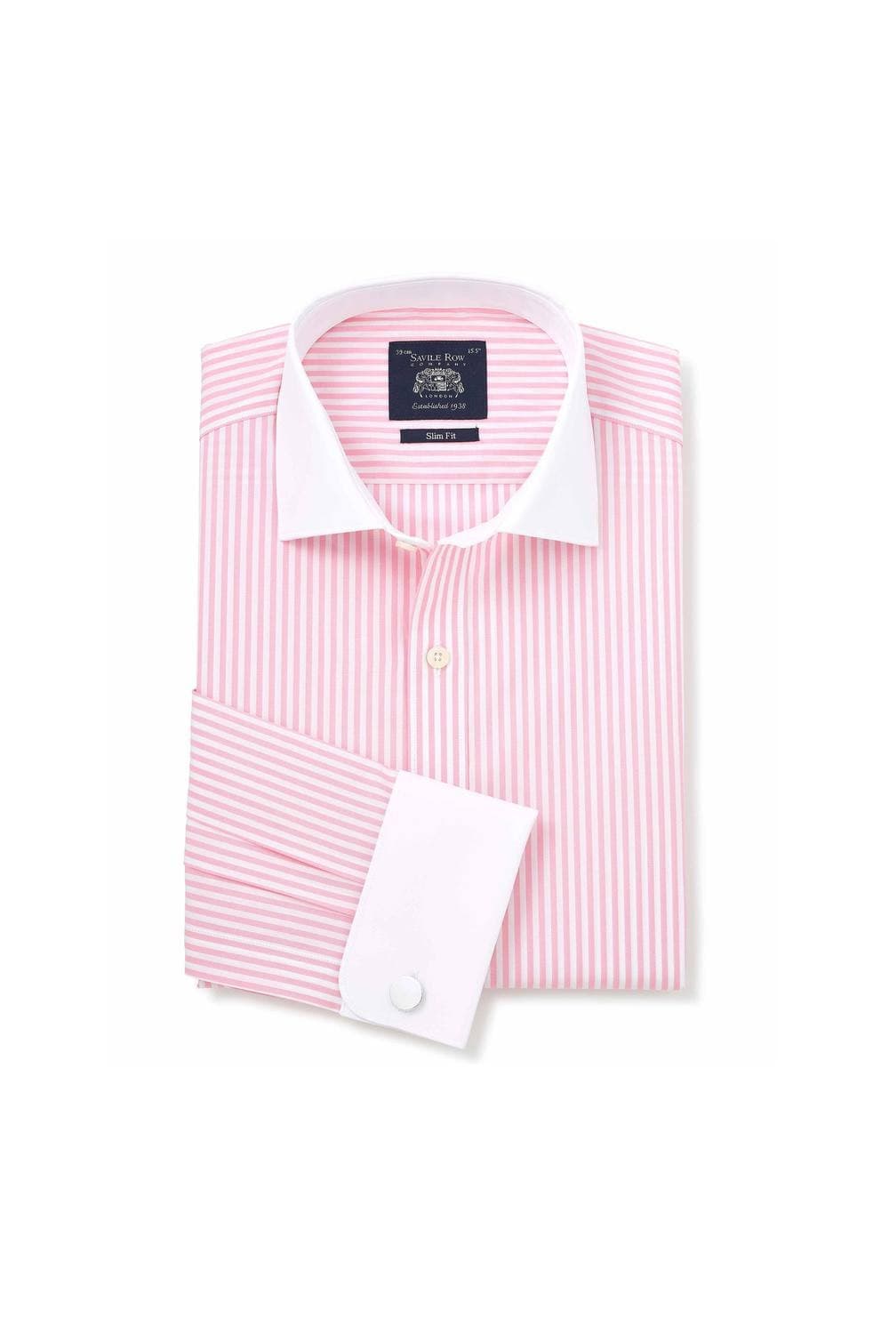 Men's slim fit formal shirt featuring pink and white stripes, made of cotton, with double cuffs and a classic collar, size 14.5" X 33", by Savile Row Company.