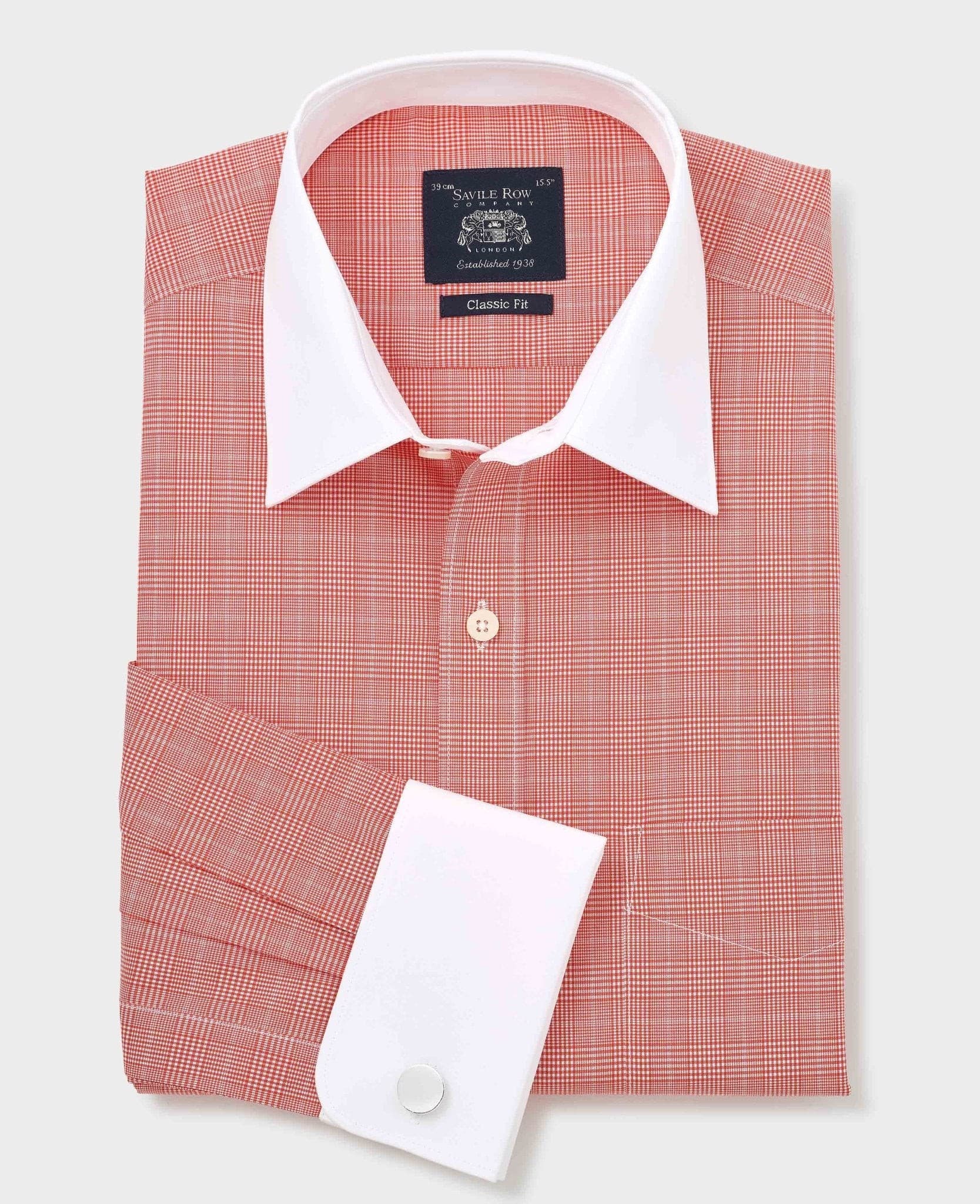 Men's red cotton formal shirt featuring a Prince of Wales check pattern, classic fit, double cuffs, and a white collar, size 17.5 X extra long, by Savile Row Company.
