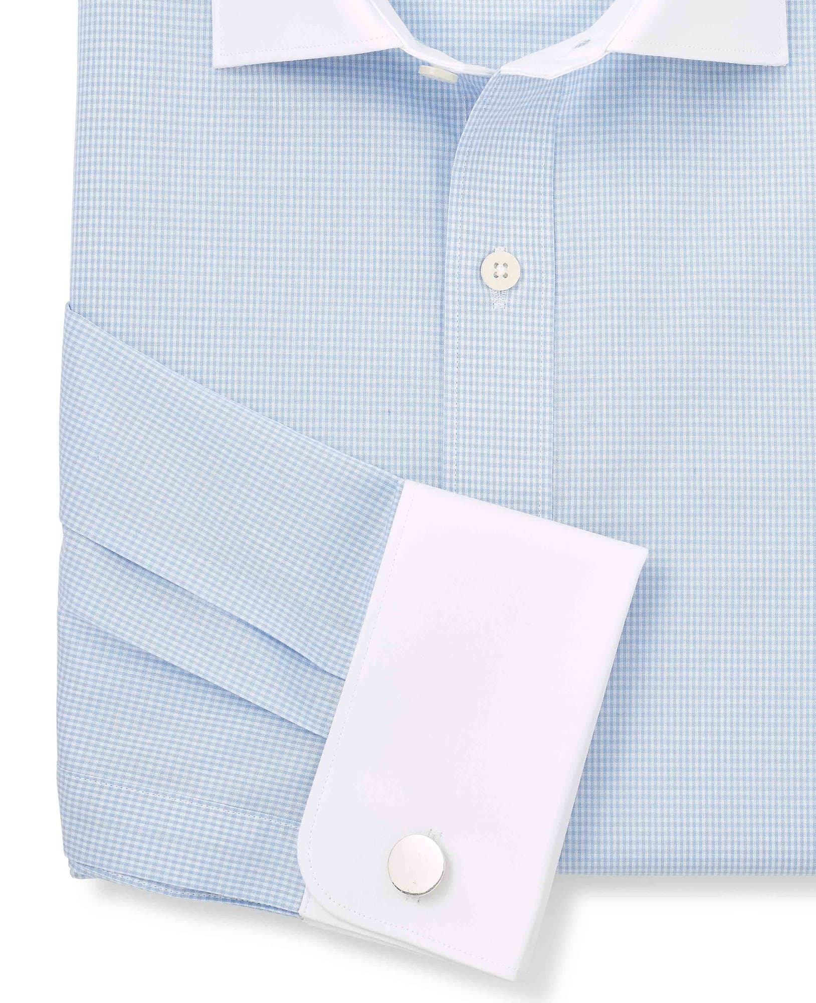 Men's Sky Blue Cotton Gingham Check Slim Fit Winchester Formal Shirt - Double Cuff - Size: 16.5" x Extra Long - 37" - Savile Row Company - image 4