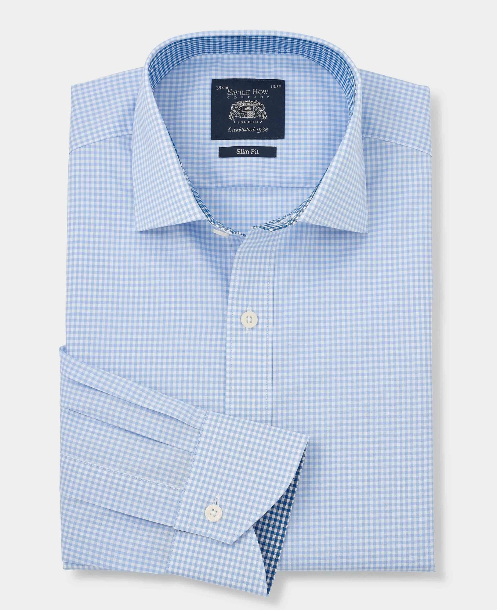 Sky blue cotton gingham formal shirt featuring a slim fit, single cuff, and size 14.5 with a contrasting inner collar detail, labeled by Savile Row Company.