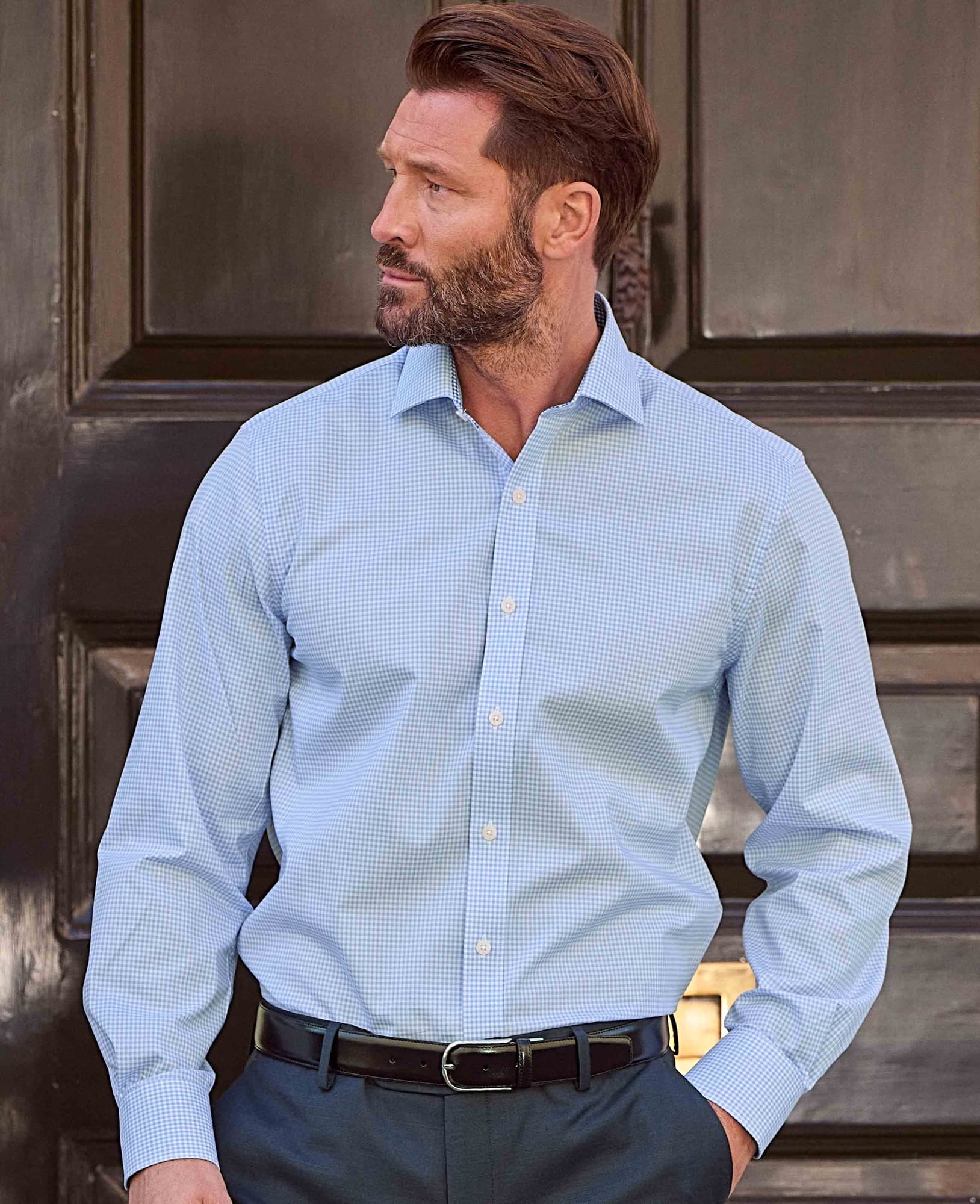 Men's Sky Blue Cotton Gingham Slim Fit Formal Shirt - Single Cuff - Size: 16.5" x Extra Long - 37" - Savile Row Company - image 2
