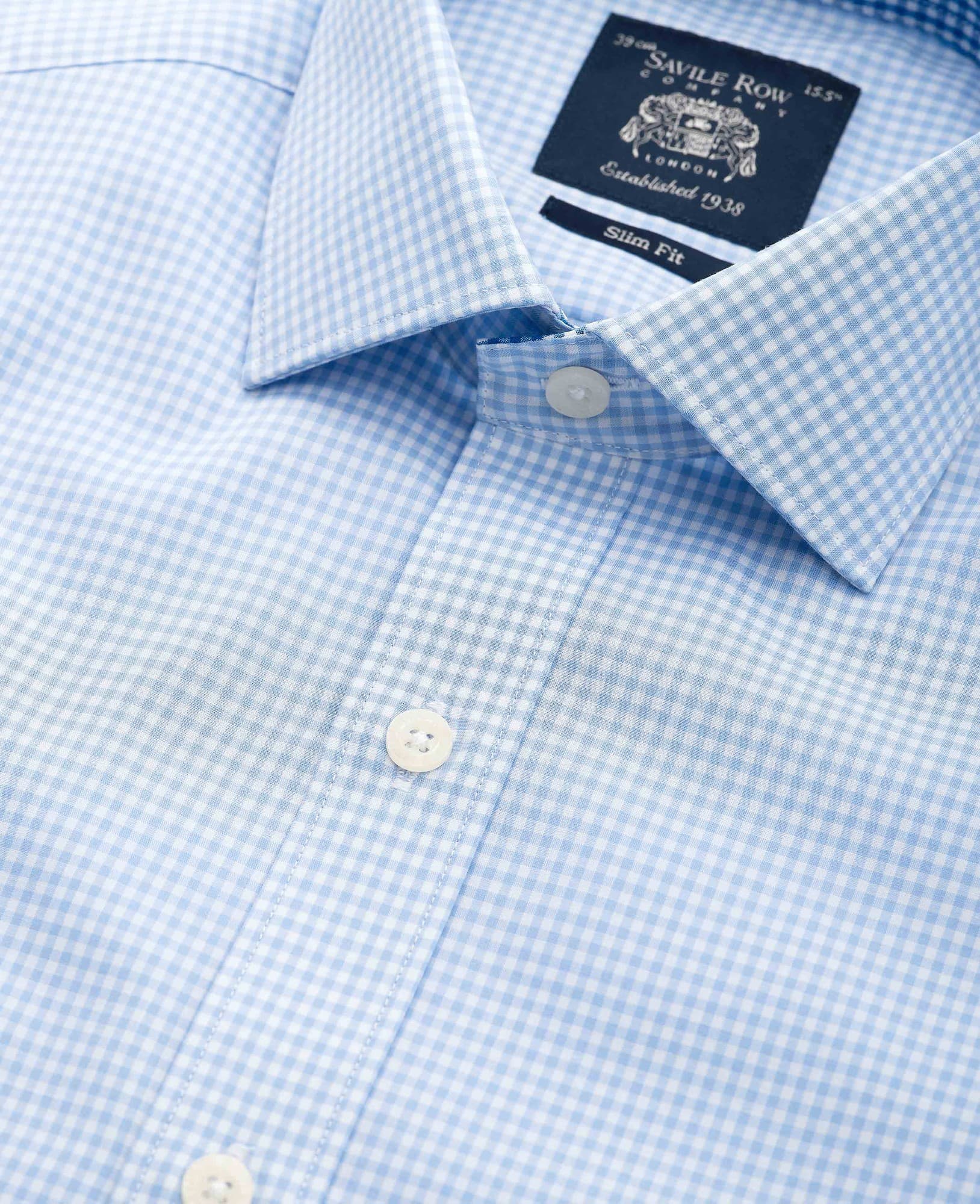 Men's Sky Blue Cotton Gingham Slim Fit Formal Shirt - Single Cuff - Size: 16.5" x Extra Long - 37" - Savile Row Company - image 3