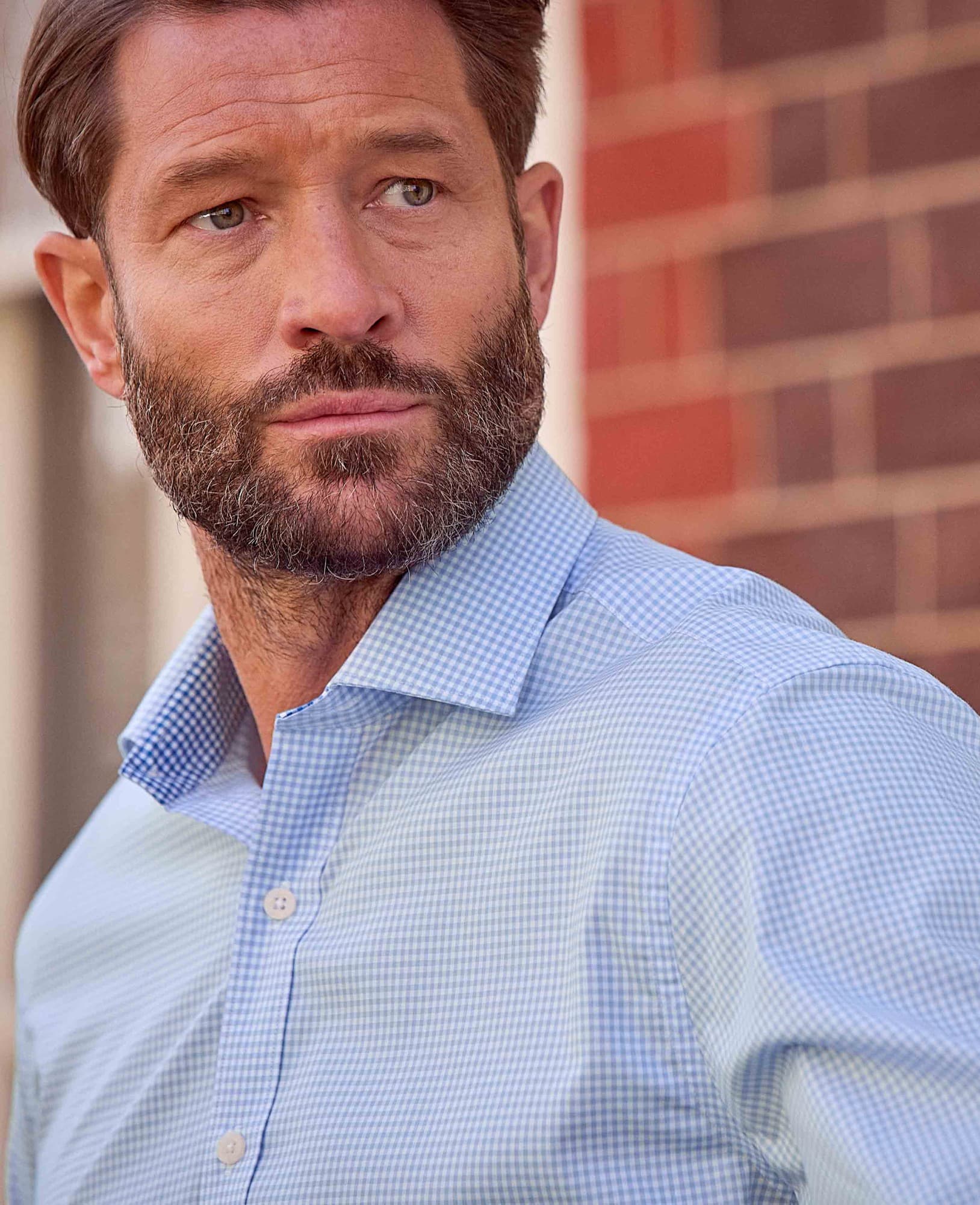 Men's Sky Blue Cotton Gingham Slim Fit Formal Shirt - Single Cuff - Size: 16.5" x Extra Long - 37" - Savile Row Company - image 4