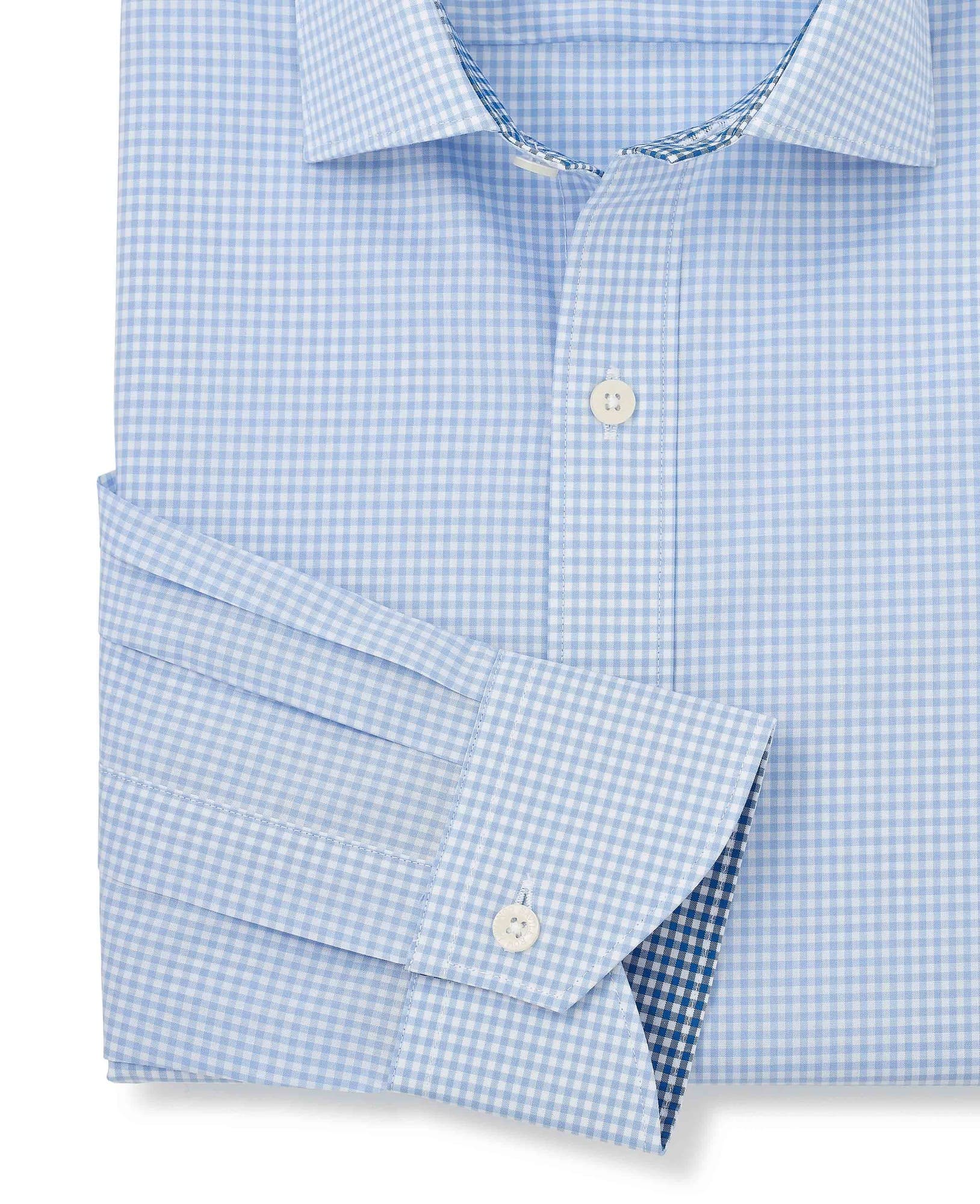 Men's Sky Blue Cotton Gingham Slim Fit Formal Shirt - Single Cuff - Size: 16.5" x Extra Long - 37" - Savile Row Company - image 5