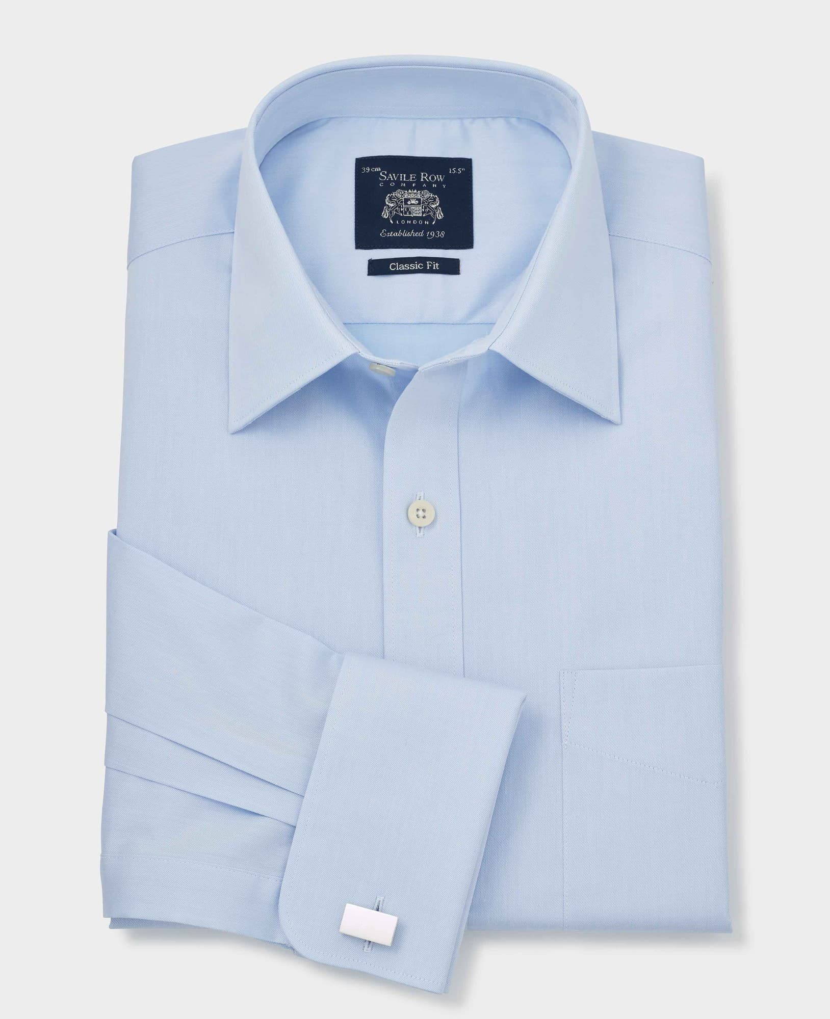 Sky blue cotton twill shirt with a classic fit, single cuff, and size 15.5 X extra long 36", featuring a pointed collar and Savile Row Company label.