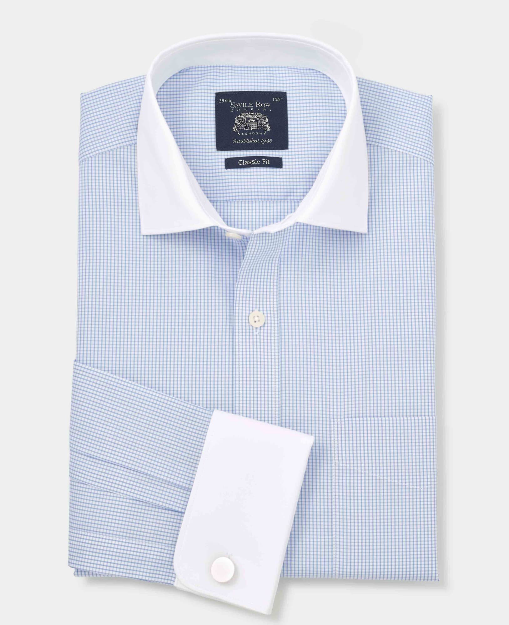 Sky blue window check formal shirt with a classic fit, featuring a white collar and double cuffs, made from a smooth fabric, showcasing a Savile Row Company label.