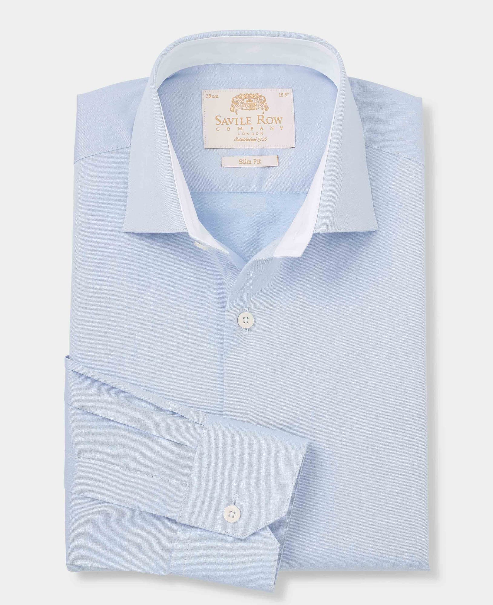 Sky blue two-ply cotton formal shirt with a slim fit, single cuff, featuring a white collar, labeled "Gold Label," size 16 X Extra Long, 36.5" by Savile Row Company.